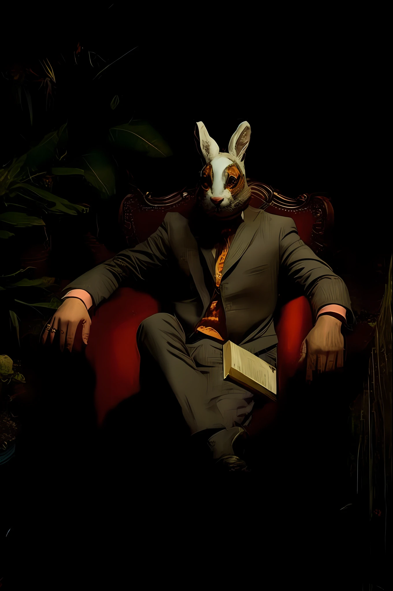 there is a man in a suit and rabbit mask sitting in a chair, anthropomorphic rabbit, !!!anthropomorphic!!!, bunny suit, anthropomorphic!!, the white rabbit, bad bunny, bunnypunk, cyborg jackalope cyberpunk, by Robert Brackman, portrait of a bugs bunny, bunny, rabbt_character, portrait”