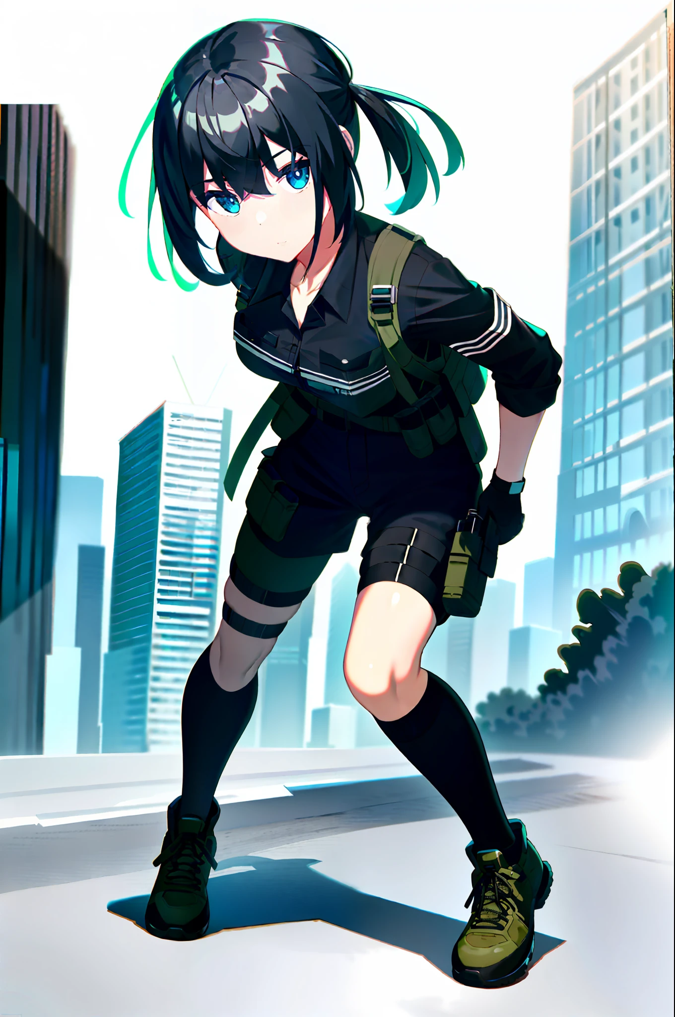 photo of a iom girl, 1girl, bangs, black hair, blue eyes, bulletproof vest, gloves, headphones, holster, looking at viewer, medium hair, military, plate carrier, tactical clothes, (black and khaki clothes), thigh holster, thigh strap, forest, running, black backpack, outdoors,