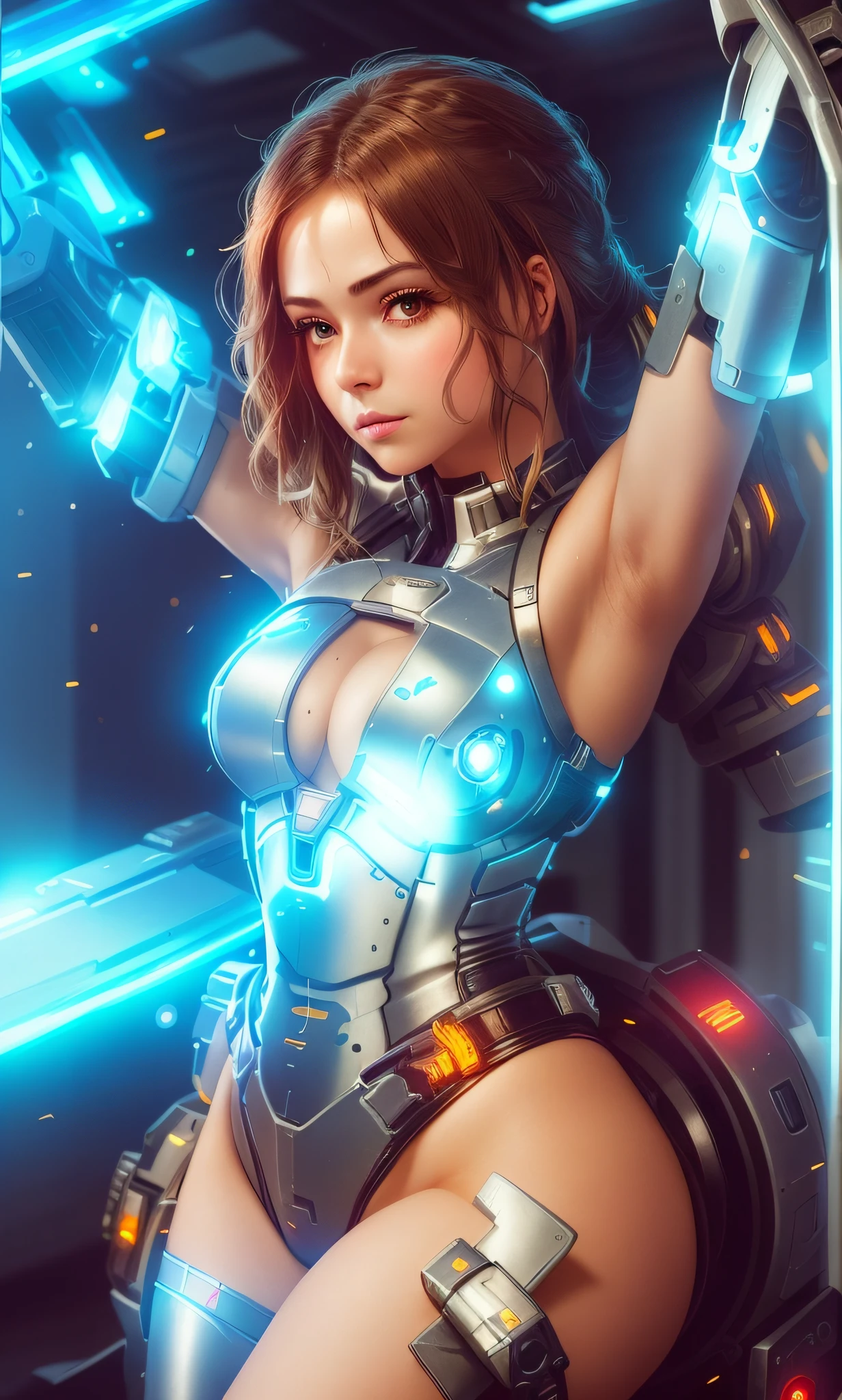 a close up of a woman in a cosplay outfit holding a sword, cute cyborg girl, girl in mecha cyber armor, beutiful girl cyborg, [ trending on cgsociety ]!!, cyborg girl, wojtek fus, wlop. scifi, scifi woman, cyberpunk 2 0 y. o model girl, beautiful cyborg girl pinup, oppai cyberpunk, cyberpunk beautiful girl