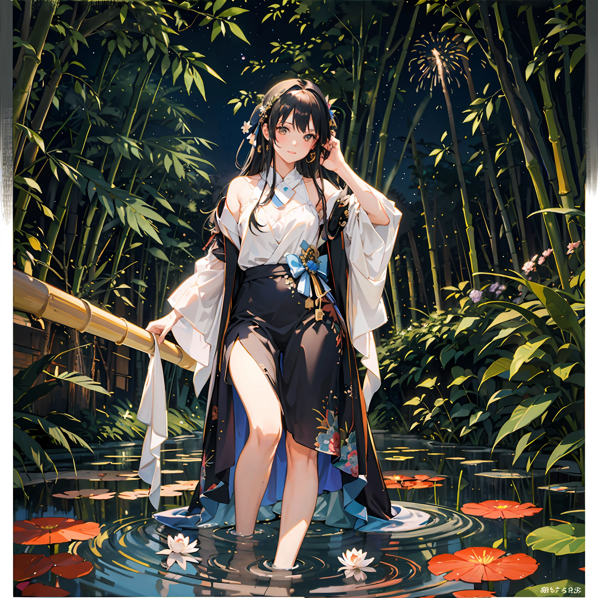 Maiden in the pond, dressed, fireworks in the sky, night, starry, bamboo forest --auto --s2