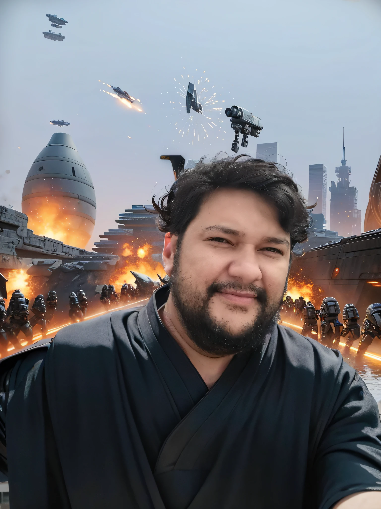 epic battle scene of ships and droids on coruscant, star wars universe