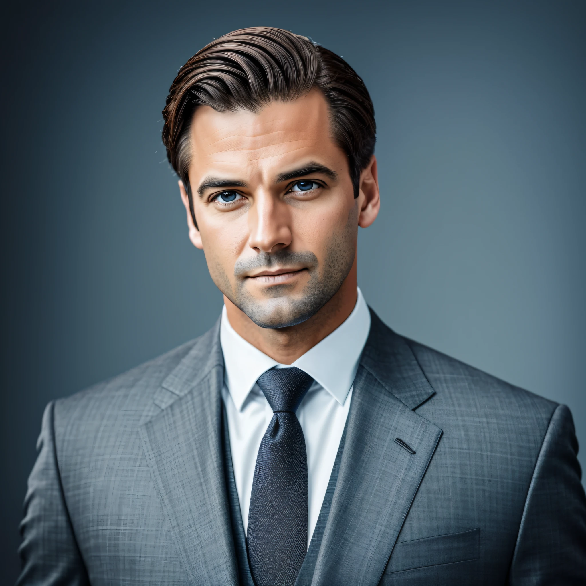 a Man standing with 30 years in suit and tie, body and head straight in the photo, facing the viewer of the photo, eyes fixed to the lens, appears shoulders and head in the photo, man centered in the photo, 8k, best quality, masterpiece, realistic, realistic photo, movie photo, ultra realistic, 1 person, detailed, perfect lighting, DSRL, professional photo, 4k --auto --s2