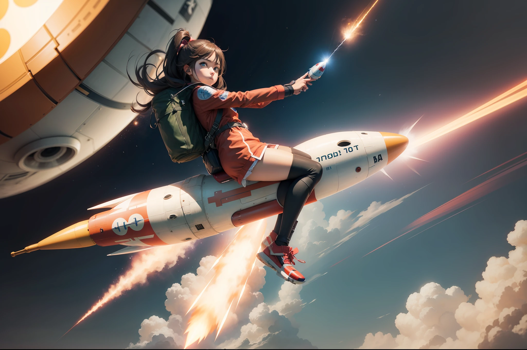 An anime style rocket, rocket, flying around the number 6, speed, young girl sitting on the rocket, 16k