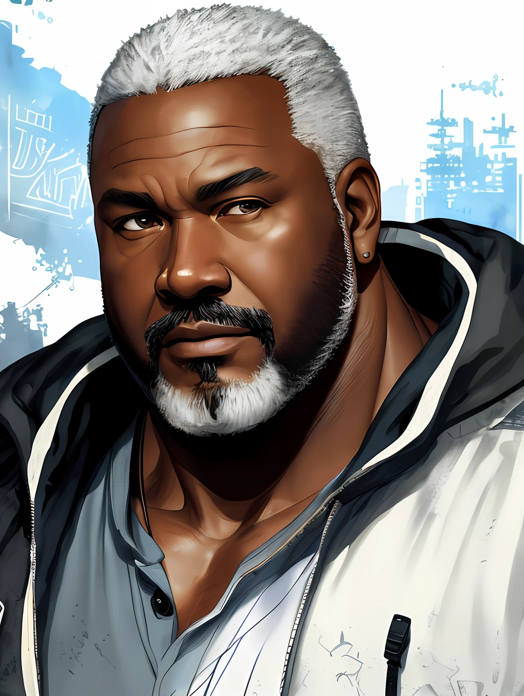 A stylized watercolor digital illustration, ordinary, fashion, middle-aged tanned overweight African-American man, age 60, big man, top angle shot, very thiny white hair, almost bald, white bearded, a big metropolis as the background, cinematic light, black shirt, cargo shorts, Art by Carne Griffiths and Wadim Kashin, Yoji Shinkawa, Peter Draws, heavenly handsome face, detailed eyes, big greek nose, perfect anatomy, natural hand poses, natural legs poses, approaching perfection, dynamic poses, luminism, highly detailed, sharp focus, full body shot, 8k UHD, masterpiece, ultra fine detail.
