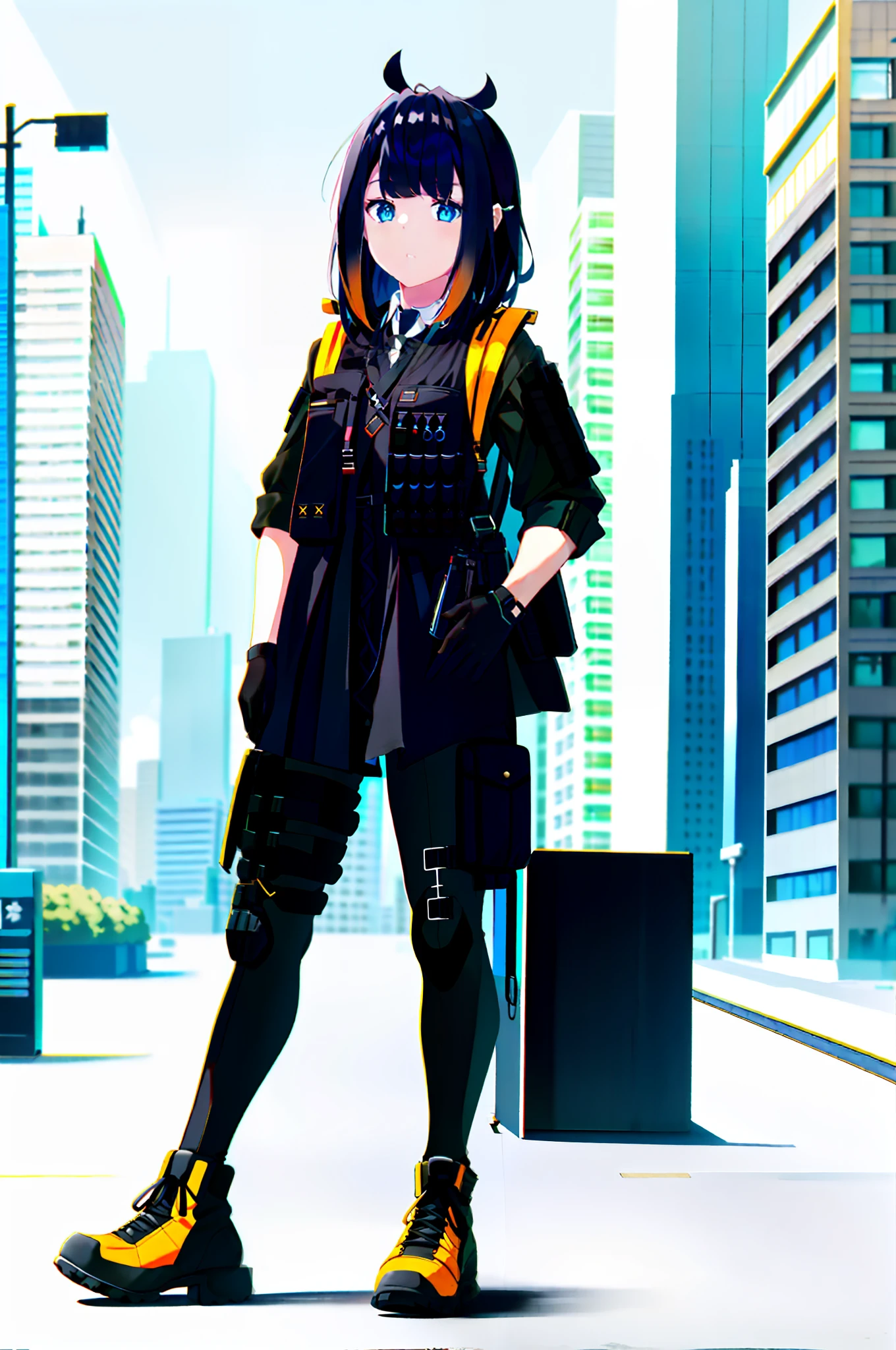photo of a iom girl, 1girl, bangs, black hair, blue eyes, bulletproof vest, gloves, headphones, holster, looking at viewer, medium hair, military, plate carrier, tactical clothes, (black and khaki clothes),  thigh holster, thigh strap, forest, running, black backpack, outdoors,