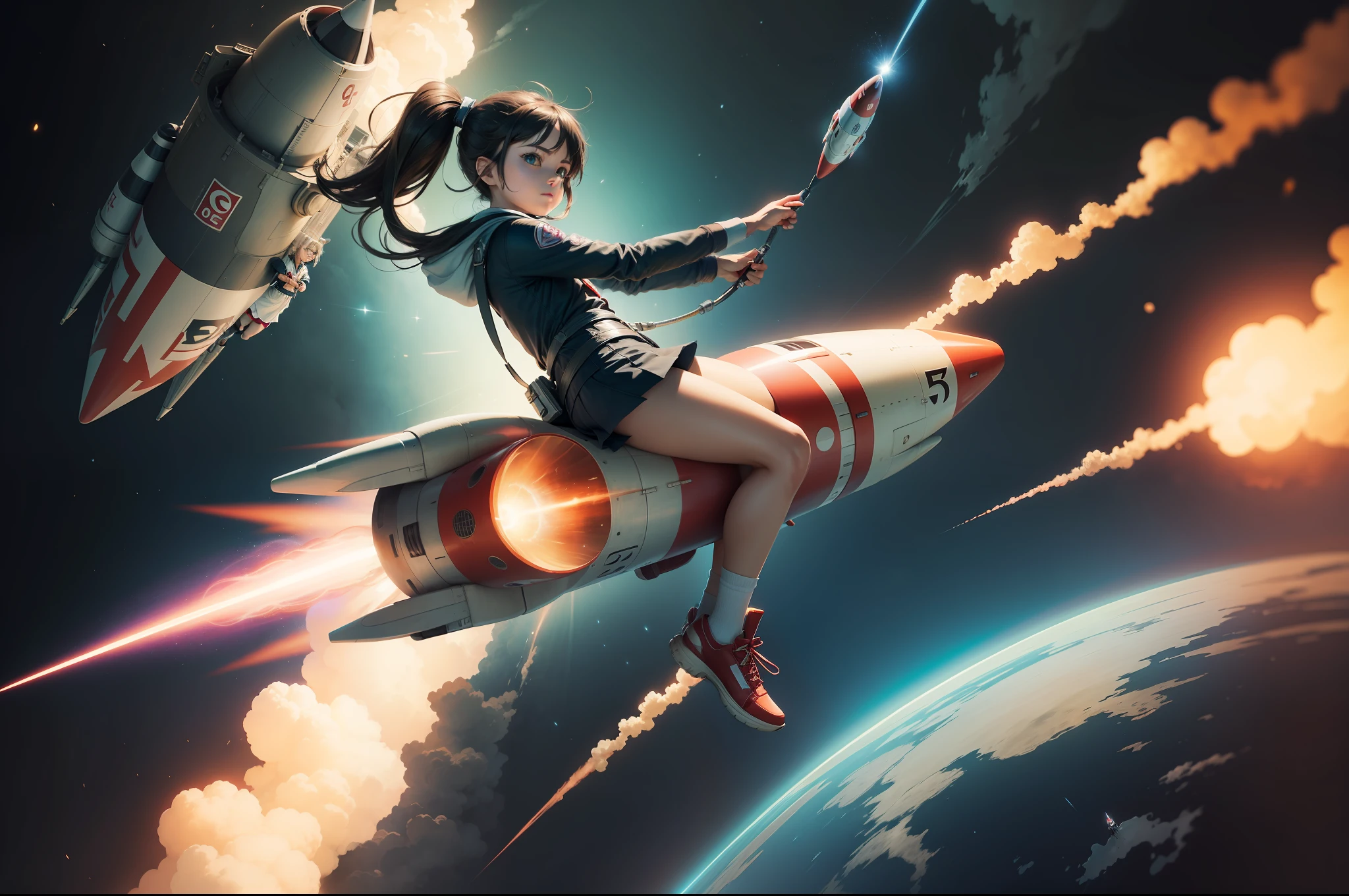 An anime style rocket, rocket, flying around the number 6, speed, young girl sitting on the rocket, 16k