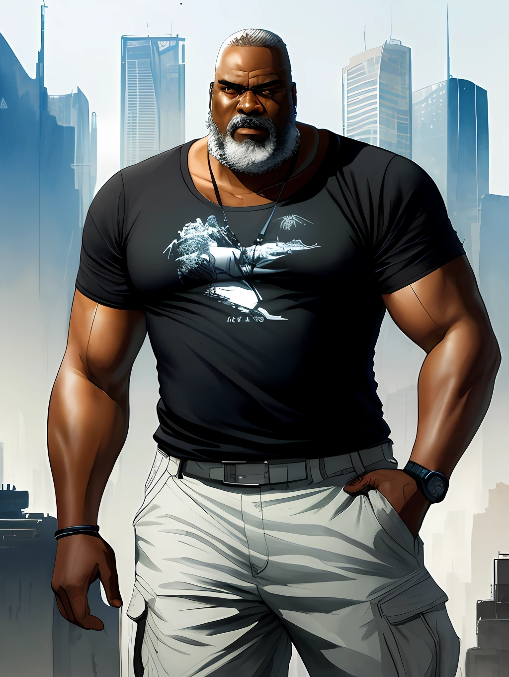 A stylized watercolor digital illustration, ordinary, fashion, middle-aged tanned overweight African-American man, age 60, big man, top angle shot, very thiny white hair, almost bald, white bearded, a big metropolis as the background, cinematic light, black shirt, cargo shorts, Art by Carne Griffiths and Wadim Kashin, Yoji Shinkawa, Peter Draws, heavenly handsome face, detailed eyes, big greek nose, perfect anatomy, natural hand poses, natural legs poses, approaching perfection, dynamic poses, luminism, highly detailed, sharp focus, full body shot, 8k UHD, masterpiece, ultra fine detail.