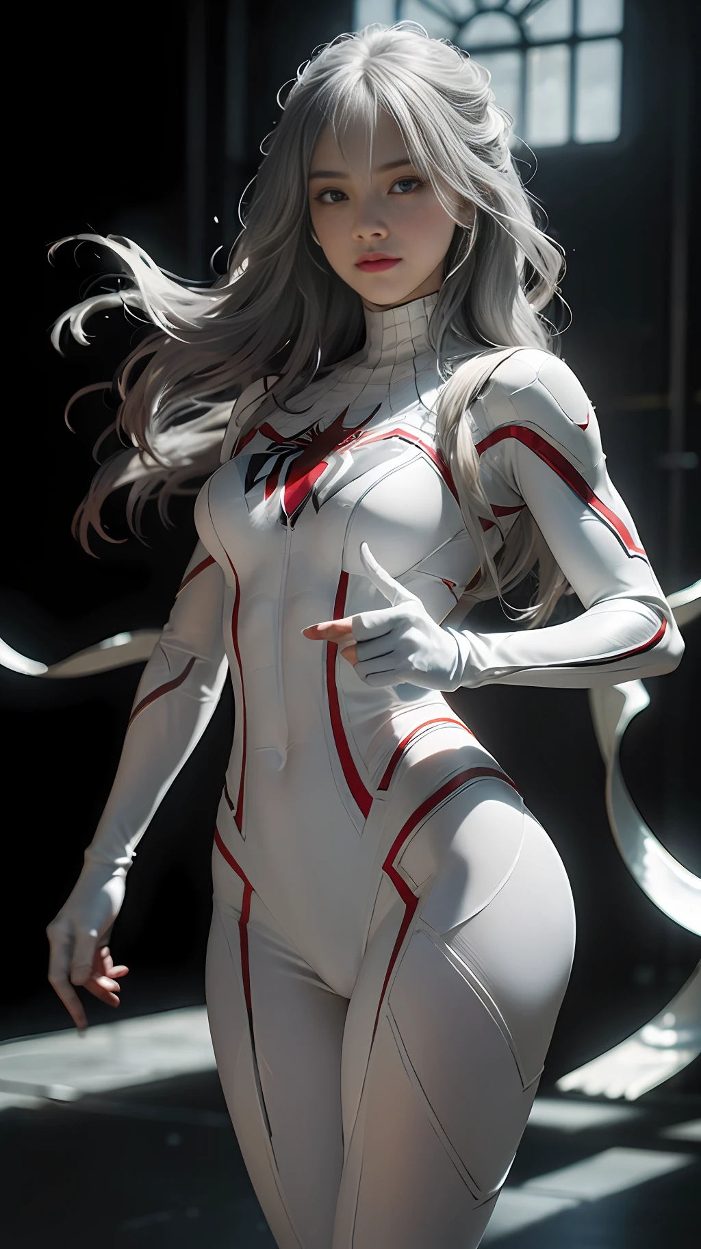 (Extreme Detail CG Unity 8K wallpaper, masterpiece, highest quality), (exquisite lighting and shadow, highly dramatic picture, cinematic lens effect), a girl in a white Spider-Man costume, silver gray hair color, from parallel universes, Marvel, Spider-Man, standing in an empty dance studio, dynamic pose), (excellent detail, outstanding lighting, wide angles), (excellent rendering, enough to stand out in its class), with a focus on the white Spider-Man costume