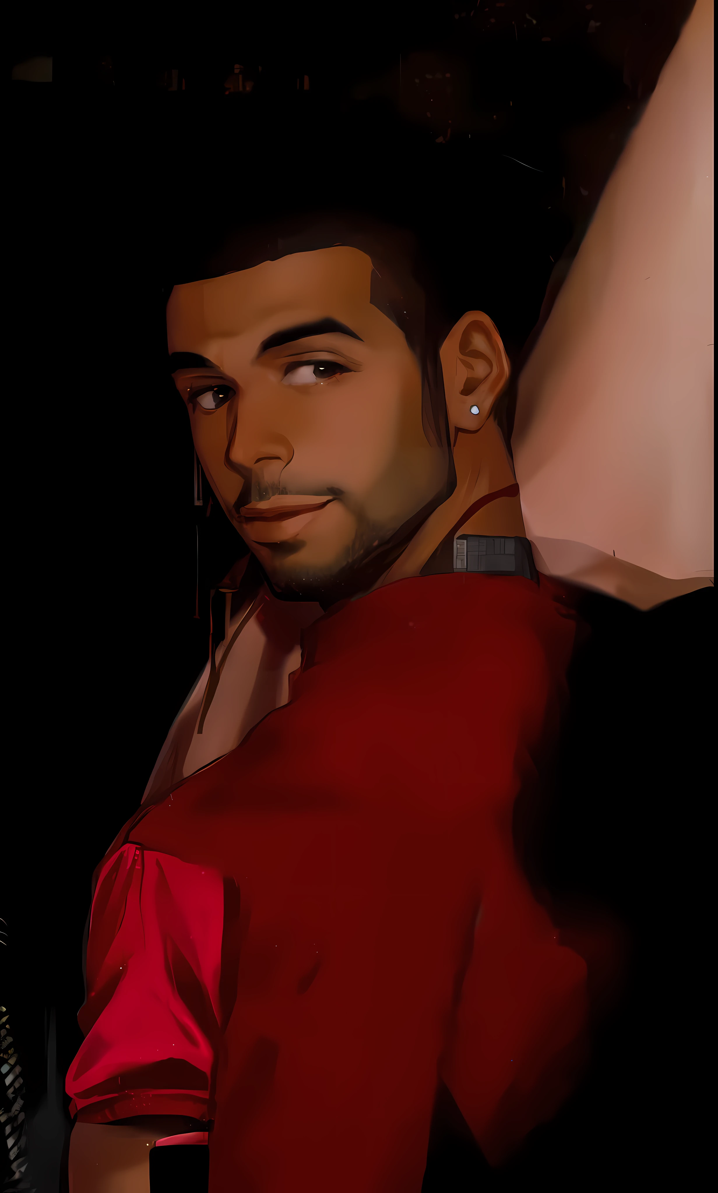 there is a man with a red shirt and a red jacket, taken in night club, taken in the late 2000s, taken in the late 2010s, photograph of drake the rapper, red cloth around his shoulders, taken in the mid 2000s, slight smirk, mid-shot of a hunky, giddy smirk