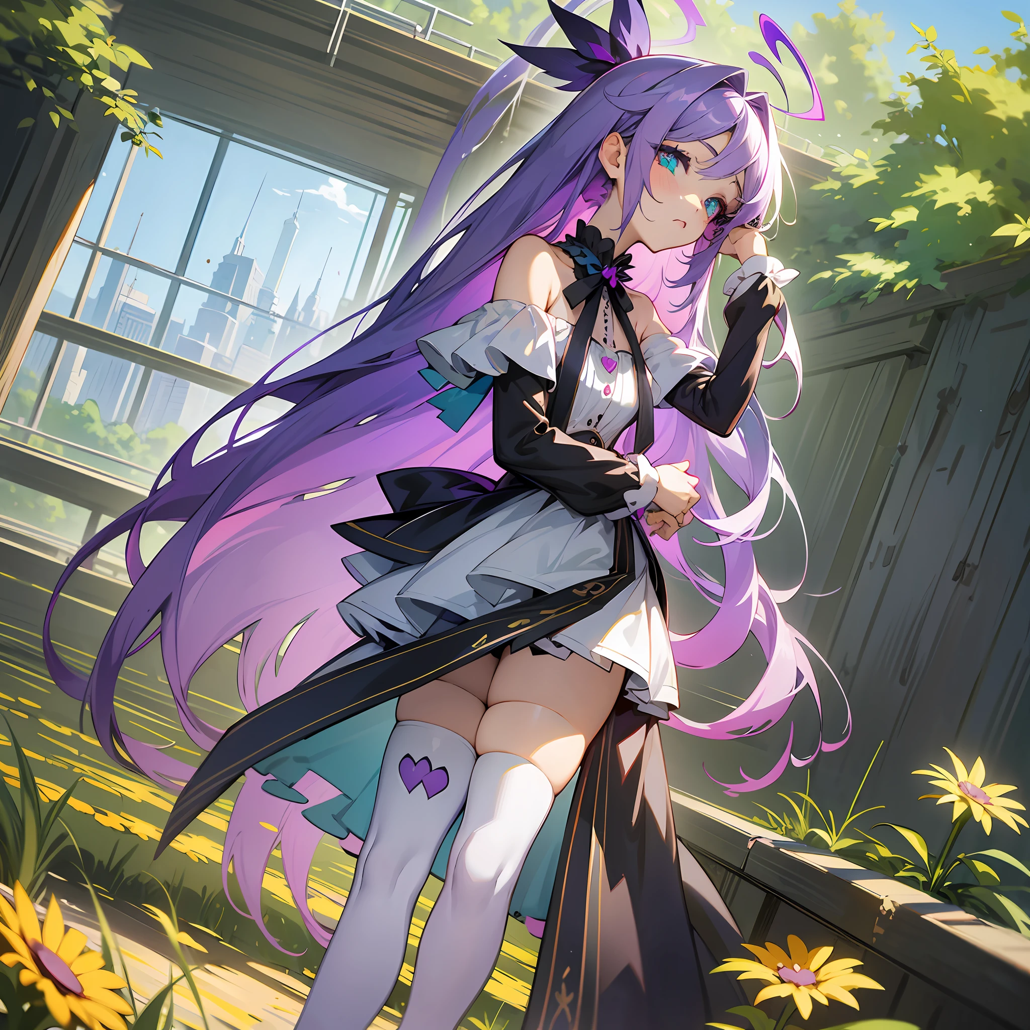 masterpiece,best quality,masterpiece,best quality,official art,extremely detailed CG unity 8k wallpaper,day,sun,flower field,game_cg,highres,solo,bishoujo,long hair,purple hair,ahoge,straight hair,parted bangs,cute face,turning around,hands_on_hips,hand in own hair,halo,uwabaki,bare legs,grey thighhighs,bandaid on leg,bare_shoulders,gothic_lolita,aqua eyes,heart-shaped eyes,purple eyeshadow --auto --s2