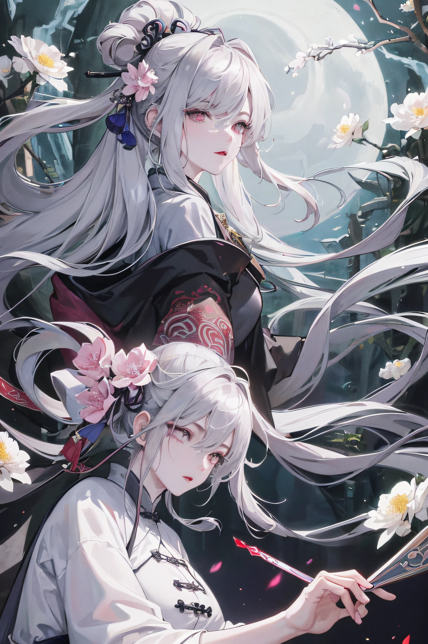 Masterpiece, Best, Night, Full Moon, 1 Female, Mature Woman, Chinese Style, Ancient China, Elder Sister, Royal Sister, Cold Face, Expressionless, Silver White Long Haired Woman, Pale Pink Lips, Calm, Intellectual, Three Belts, Gray Hitomi, assassin, dagger, flower ball background, street view