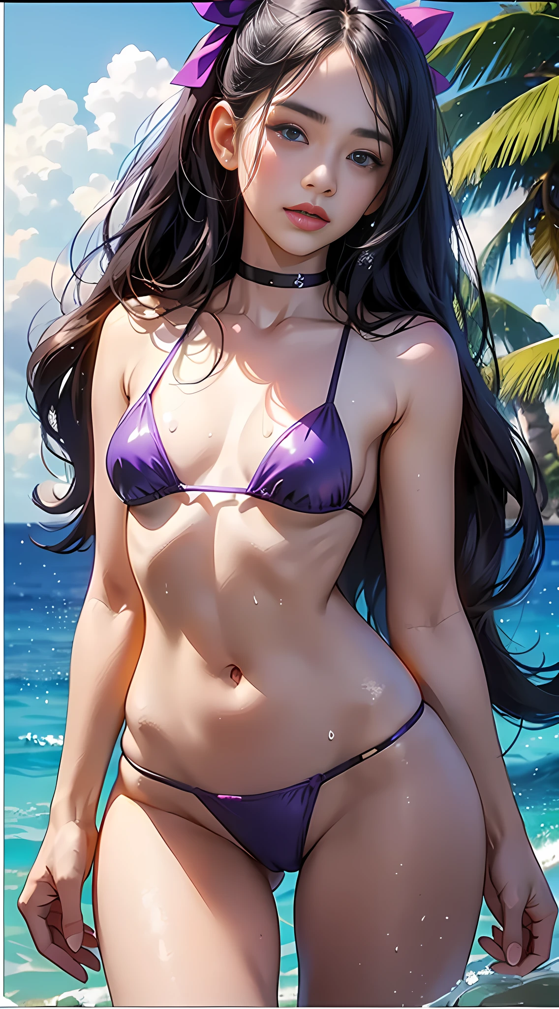 Girl, purple bikini, bikini with transparent cloth, revealing, semi naked, wet panties, light, small chest, full body, perfect body, thin waist, wide hip, side, long hair, black and bluish hair, hair ribbon, big eyes, choker, navel, realistic, HD 8K, perfection, best quality, landscape. --auto --s2