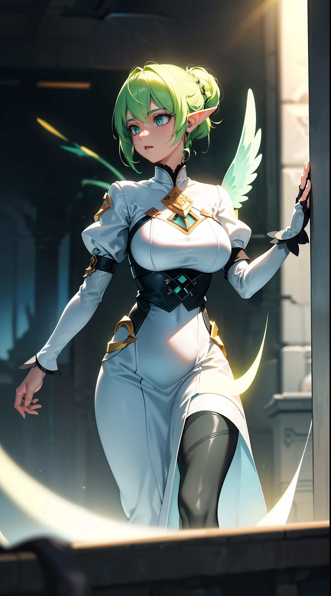 ((masterpiece)), (best quality), (detailed), (1girl), light green gradient hair, light blue eyes, Updo, , black dress in white shirt, 4k, fantasy background, light elf wings, fantasy and sci-fi elements, HDR (high dynamic range), ray tracing, NVIDIA RTX, Super-Resolution, Unreal 5, Subsurface scattering, PBR Texture, Post Processing, Anisotropic Filtering, Depth of Field, Maximum Sharpness and Sharpness, Multi-Layer Textures, Albedo and Highlight Maps, Surface Shading, Accurate Simulation of Light-Material Interactions, Perfect Proportions, Octane Render, Bicolor Light, Large Aperture, Low ISO, White Balance, Rule of Thirds, 8K RAW