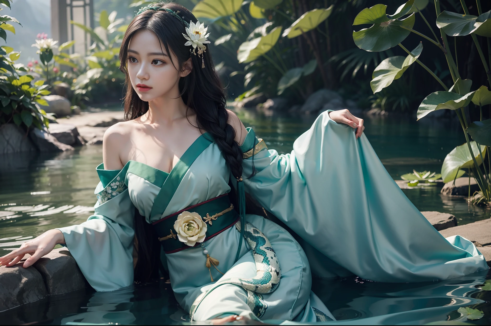 Beauty snake digitally painted beauty, highly detailed film water and ocean color palette, wearing a dark green Hanfu long dress of the Song Dynasty, holding a green snake in one hand, swimming in West Lake, white giant lotus, delicate facial details, spotlights, perfect composition, surreal, hyper-detailed, 8k, high quality, clear focus, intricate details, highly detailed, dynamic lighting, detailed and complex environment,