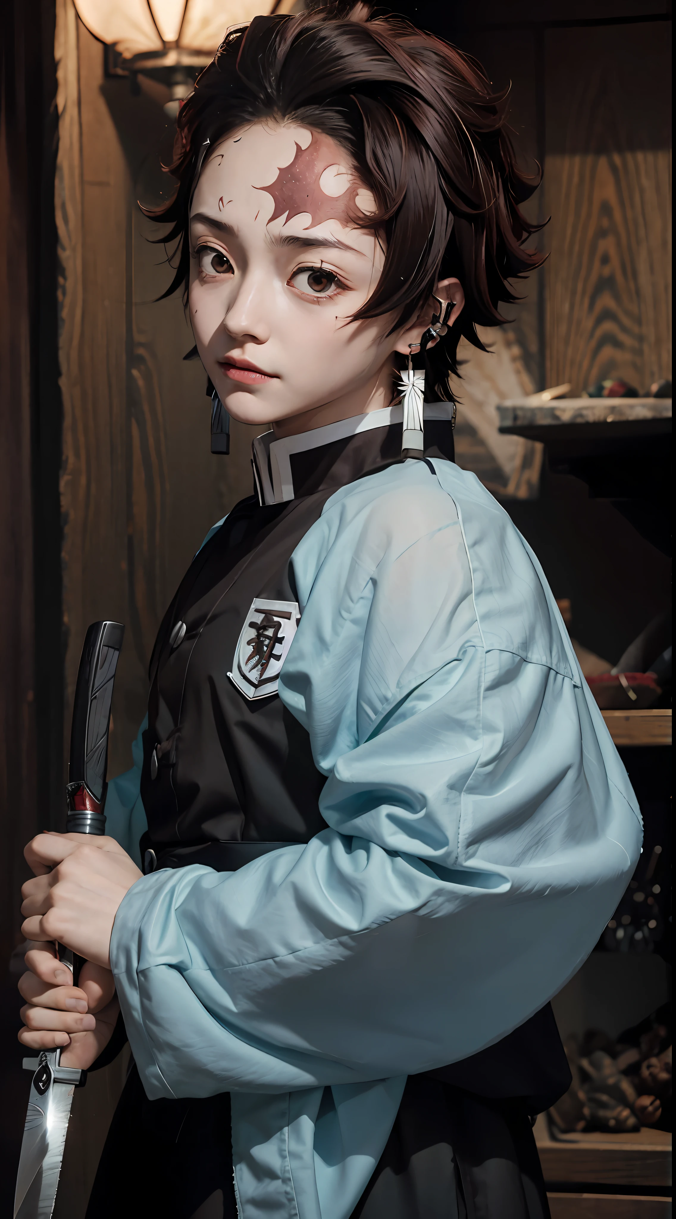 1 boy , Ghost Slayer uniform, Kamado Tanjirou, Demon Slayer, brown hair, scar on forehead, earrings, holding a knife, (taidao), Yu Feng,