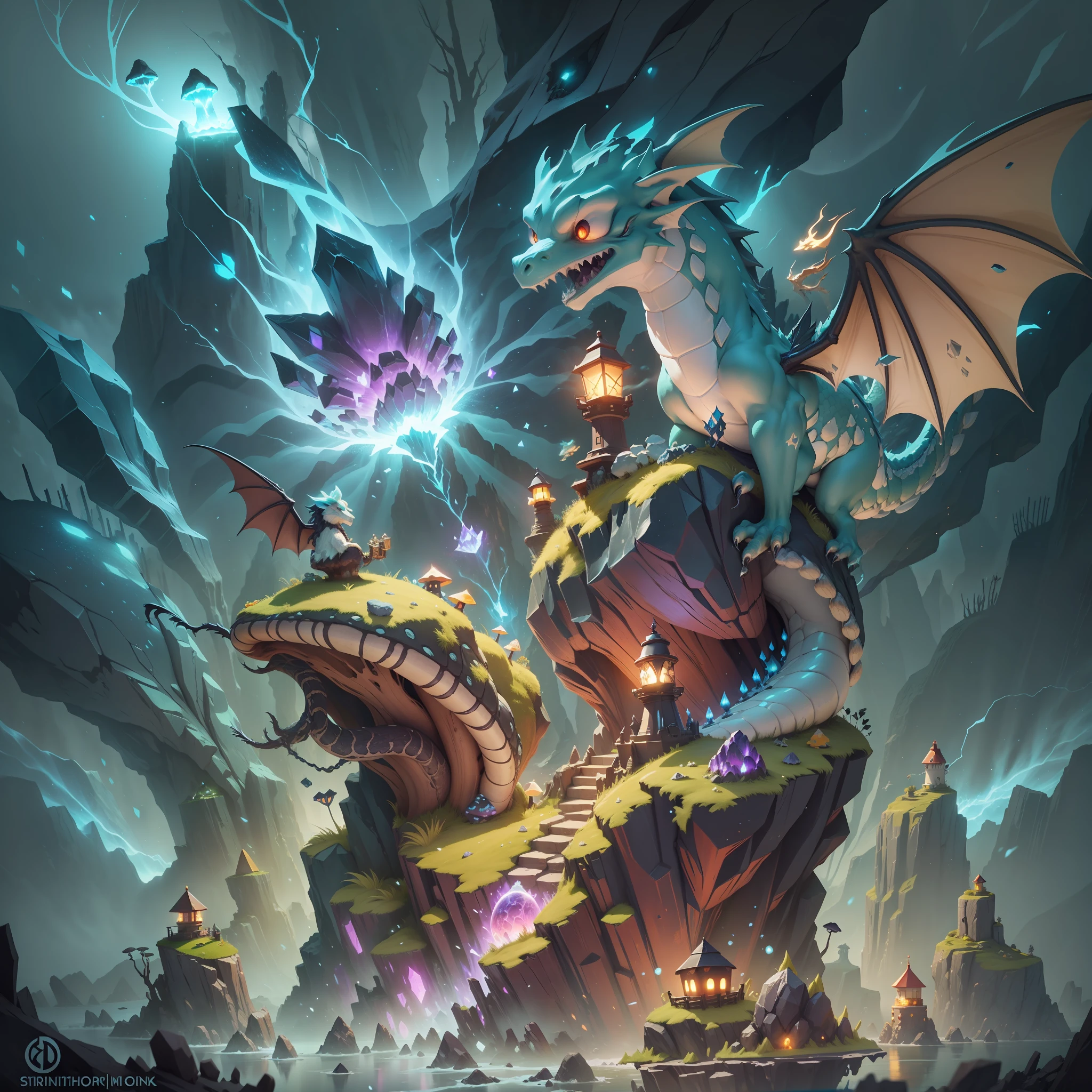 Dark style, cliffs, glowing crystals, glowing mushrooms, floating lighthouses, dragon surrounding, points of light flying