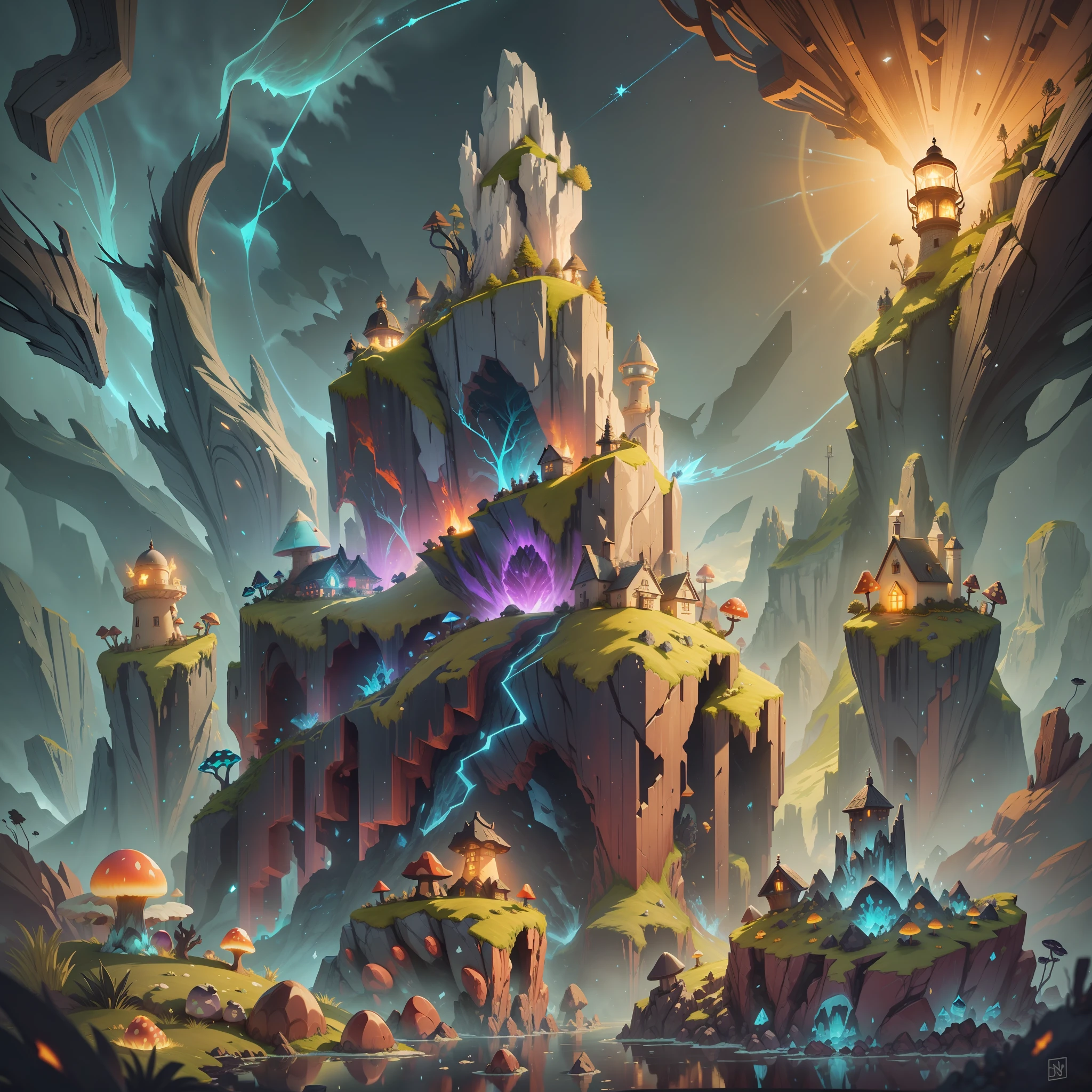 Dark style, cliffs, glowing crystals, glowing mushrooms, floating lighthouses, dragon surrounding, points of light flying