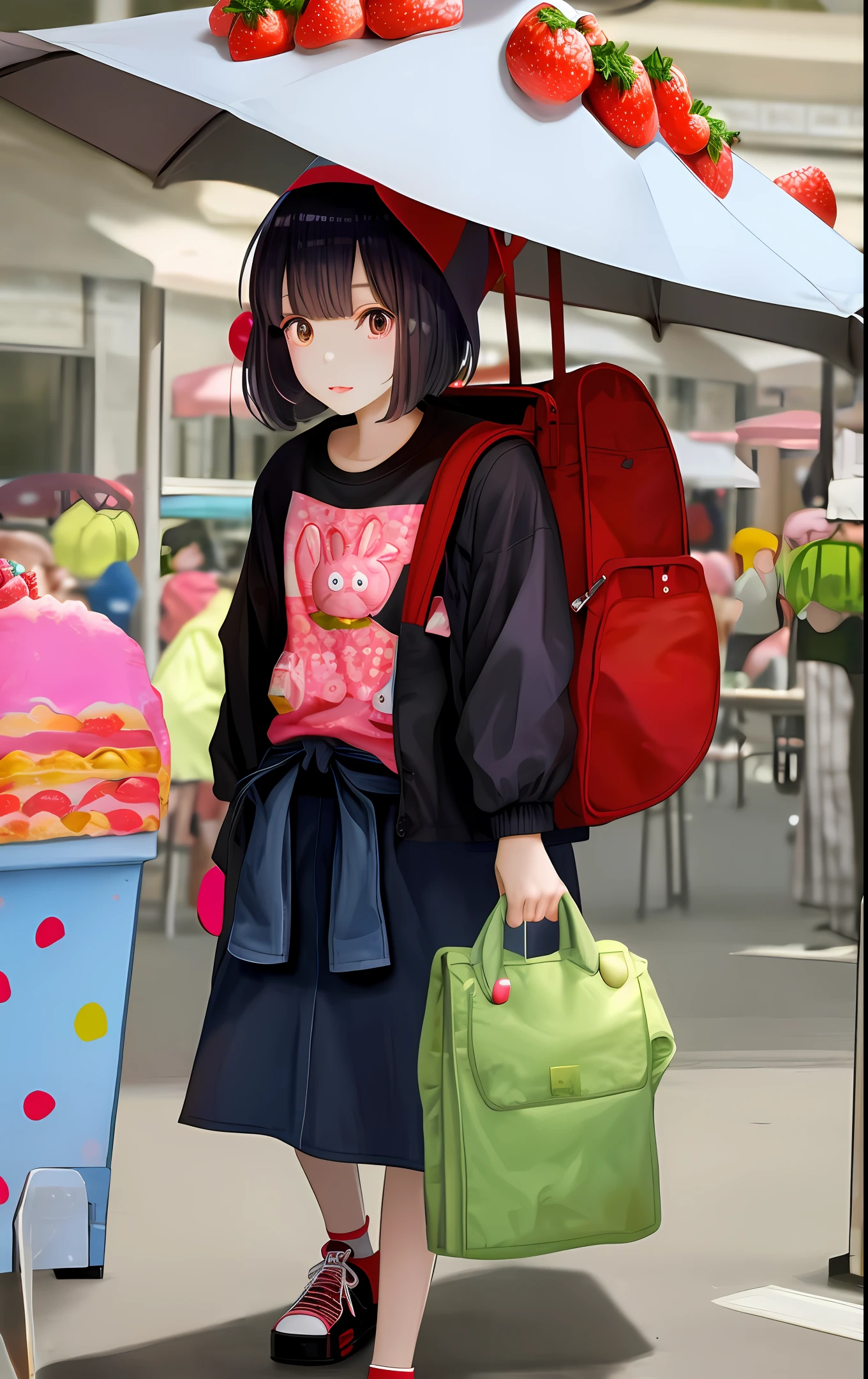 Cartoon cute girl full body picture Maruko head Background surrounded by cake and strawberry candy Colorful explosion Rabbit ears holding mobile phone Face detail Wearing a jacket Wearing a hat on the head Carrying a cute cartoon bag on the waist Real Wearing the whole body with hands and face more detailed