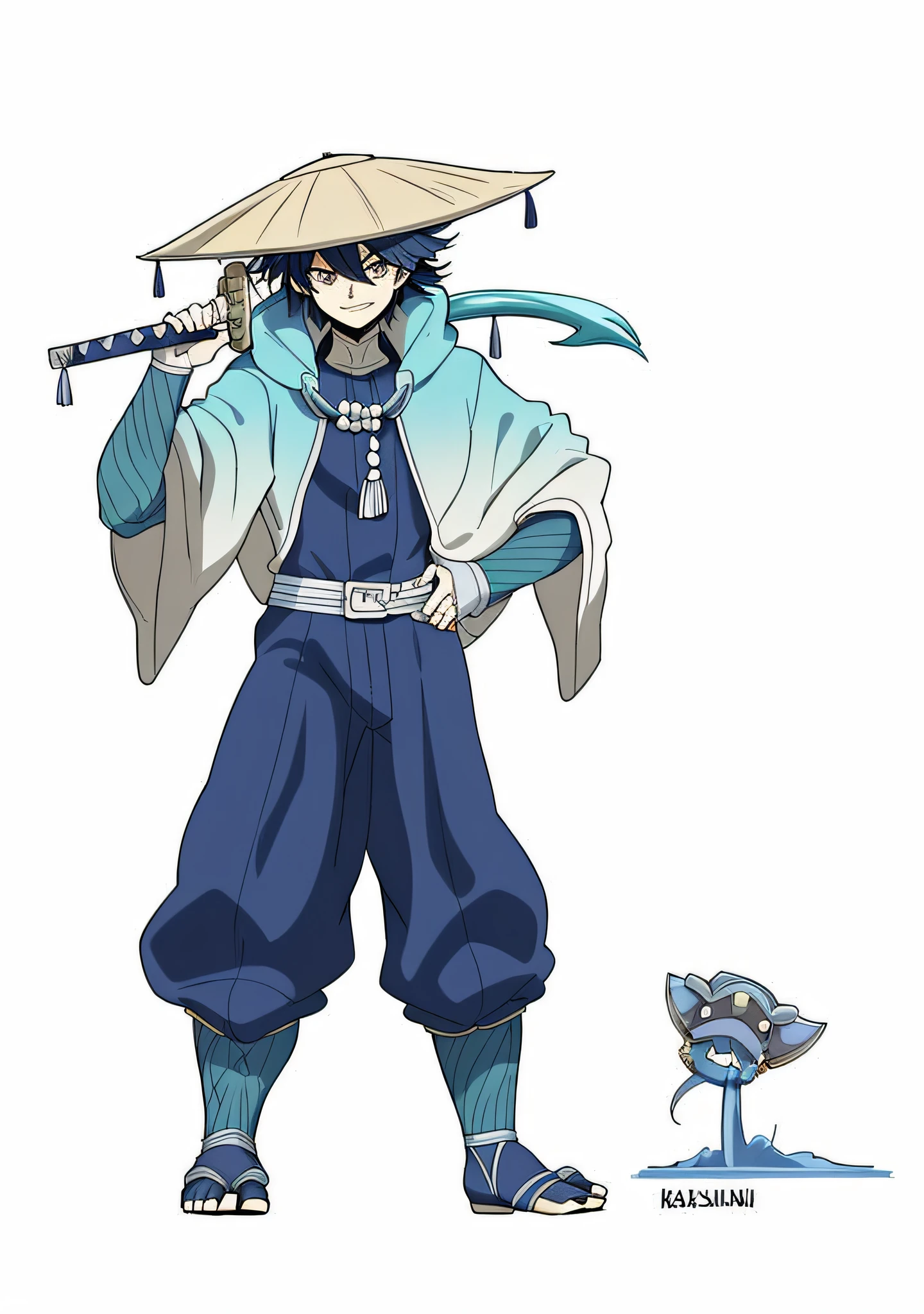 a cartoon of a man with a hat and a sword, masamune shiro, inspired by Okumura Masanobu, akiyuki shinbou, masamune, shikanosuke yagaki, handsome guy in demon slayer art, inspired by Kanō Hōgai, best anime character design, official character art, otaku gangasta --auto --s2