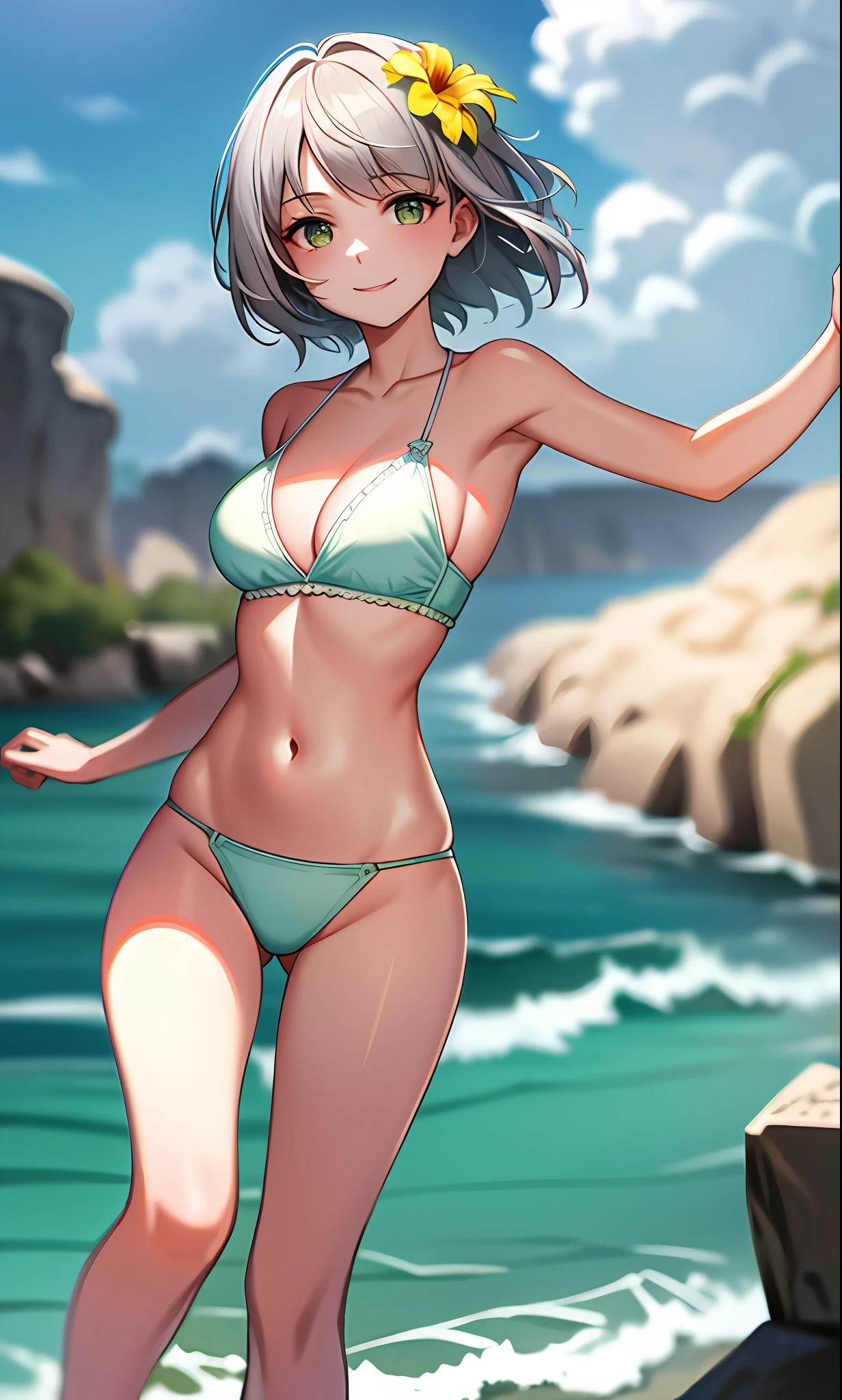 top quality, (masterpiece: 1.2), very detailed, sea, sun, light, splash,
1 girl, solo, muse, smile, look viewer, gray hair, circle of angels, short hair, green eyes, light in the eyes, white bikini, ruffled bikini, realistic, from the knee up, wind, flower, glowing skin, ultra-realistic, realistic, portrait, blur,