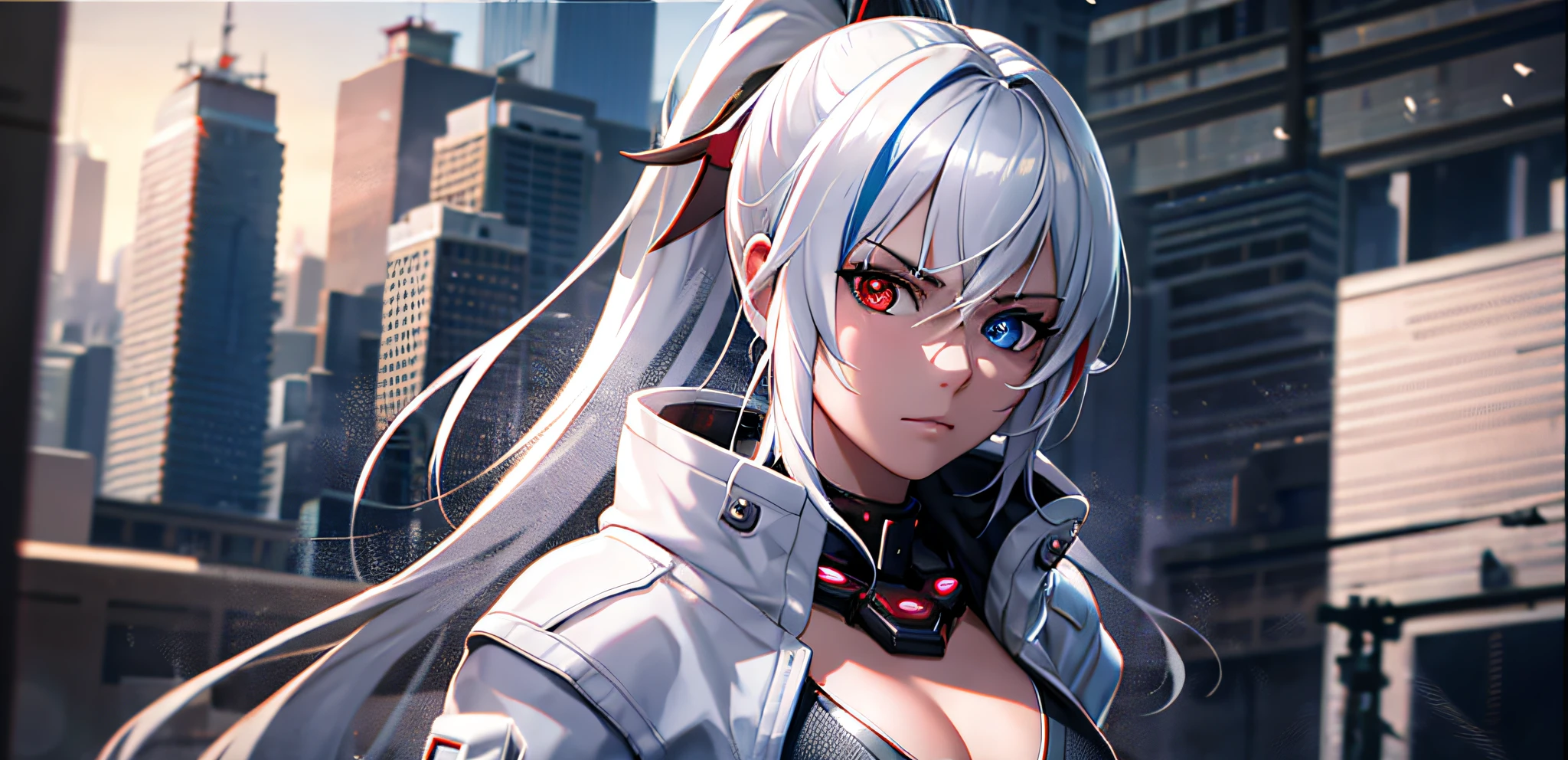 (burning city in the background:1.2), blurry background, looking forward full body, silver hair, long ponytail, white jacket open, black bikini, volumetric lighting, white jacket, futuristic, red katana on the back, multicolored eyes, (heterochromia blue and red1.4), detailed eyes, hyper detailed, serious face, slightly irritated, highly detailed, beautiful, small details, ultra detailed, best quality,  intricate, hyper-realism, sharp, digital illustration, detailed, realism, intricate, 4k, 8k, trends in the art station, good anatomy, beautiful lighting, award-winning, photorealistic, realistic shadows, realistic lighting, beautiful lighting, raytracing, intricate details, grumpy, rule of thirds, masterpiece, (illustration: 1.1), high resolution, (extremely detailed CG, unit, wallpaper 8k: 1.1), beautiful face, highly detailed face, ultra realistic, masterpiece,  bokeh, extremely detailed, intricate, half body, abdomen, small breasts, thin, colorful, vibrant colors, red enamel, side view,