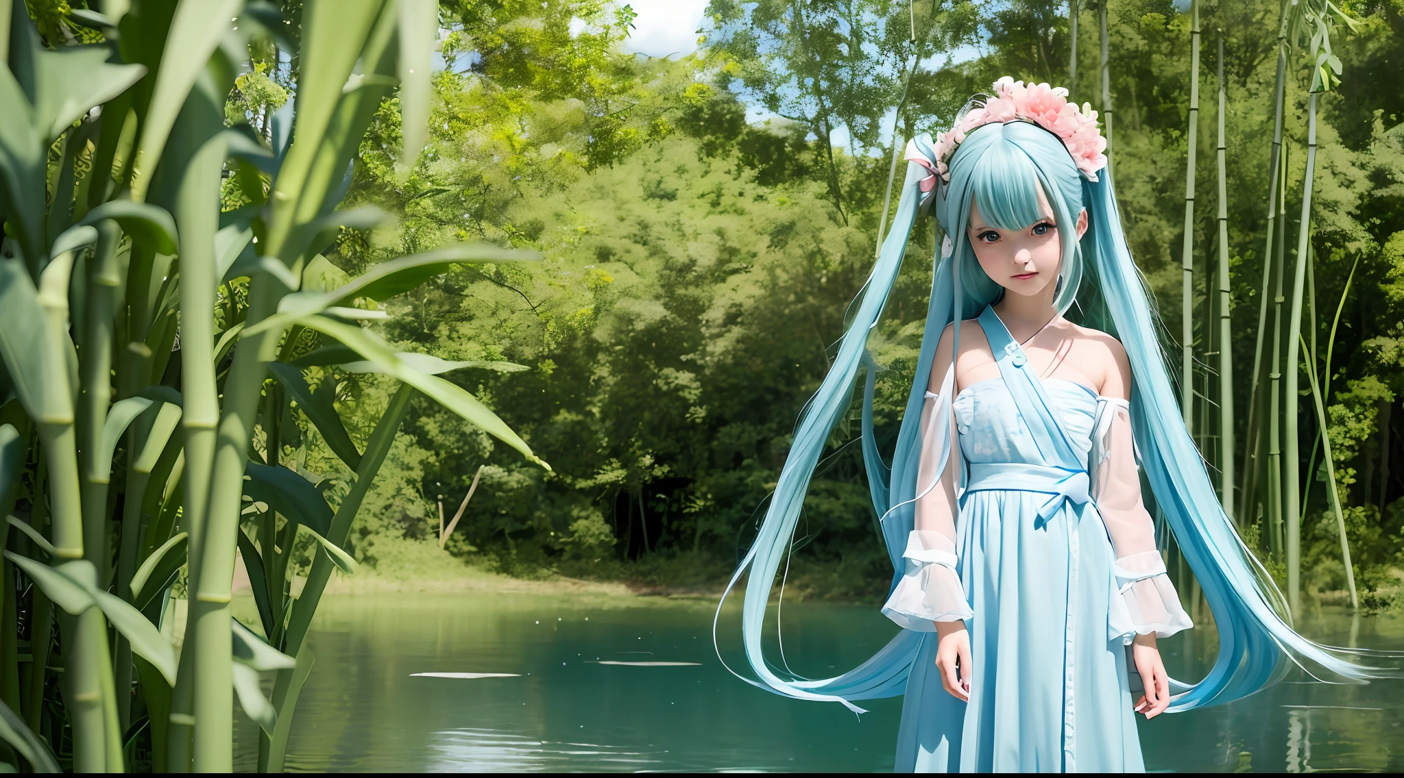 Masterpiece, Best Quality, Official Art, 8k Wallpaper, Very Detailed, Illustration, 1 Girl, Sky Blue Hair, Long Hair, Detailed Eyes, Forrest Gump, Bare Shoulders, Hanfu, Lake, Pure, Soft Smile, bamboo, tea