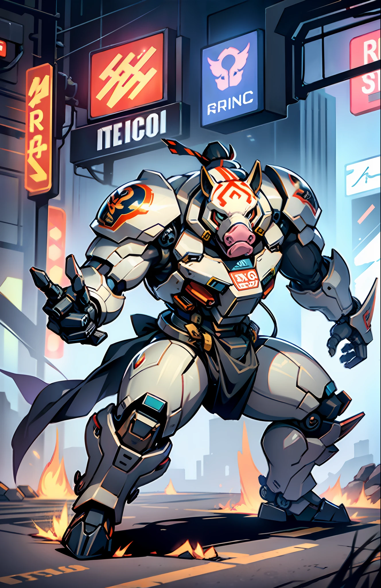 Mechanical pig head, anthropomorphic, mecha, tattoo, full body, fighting stance, ferocity, exquisite details