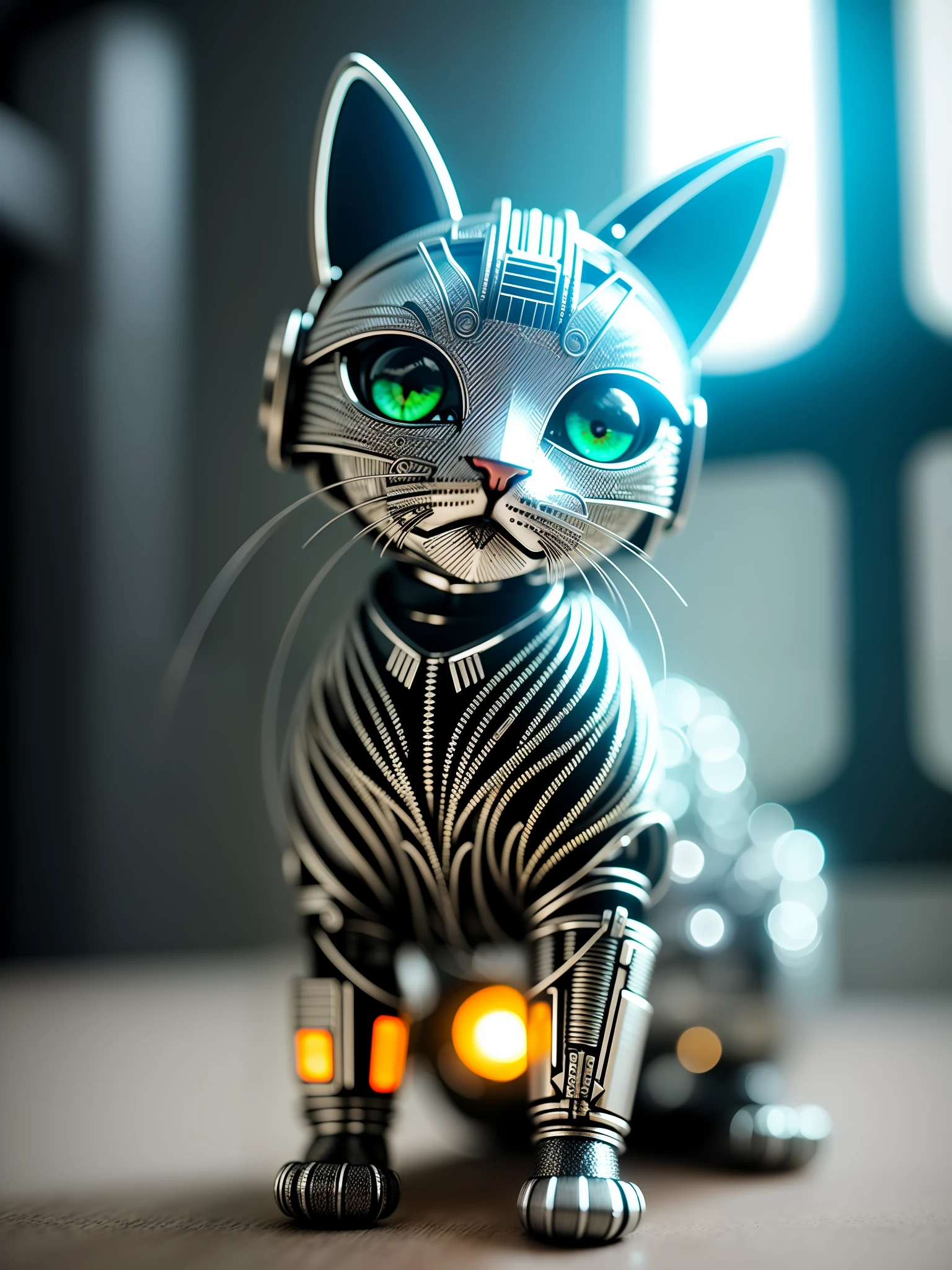 A cute kitten made of metal, (cyborg:1.1), ([tail|detailed wire]:1.3), (intricate detail), hdr, (intricate detail, hyperdetailed:1.2), cine footage, halo shadow, centered