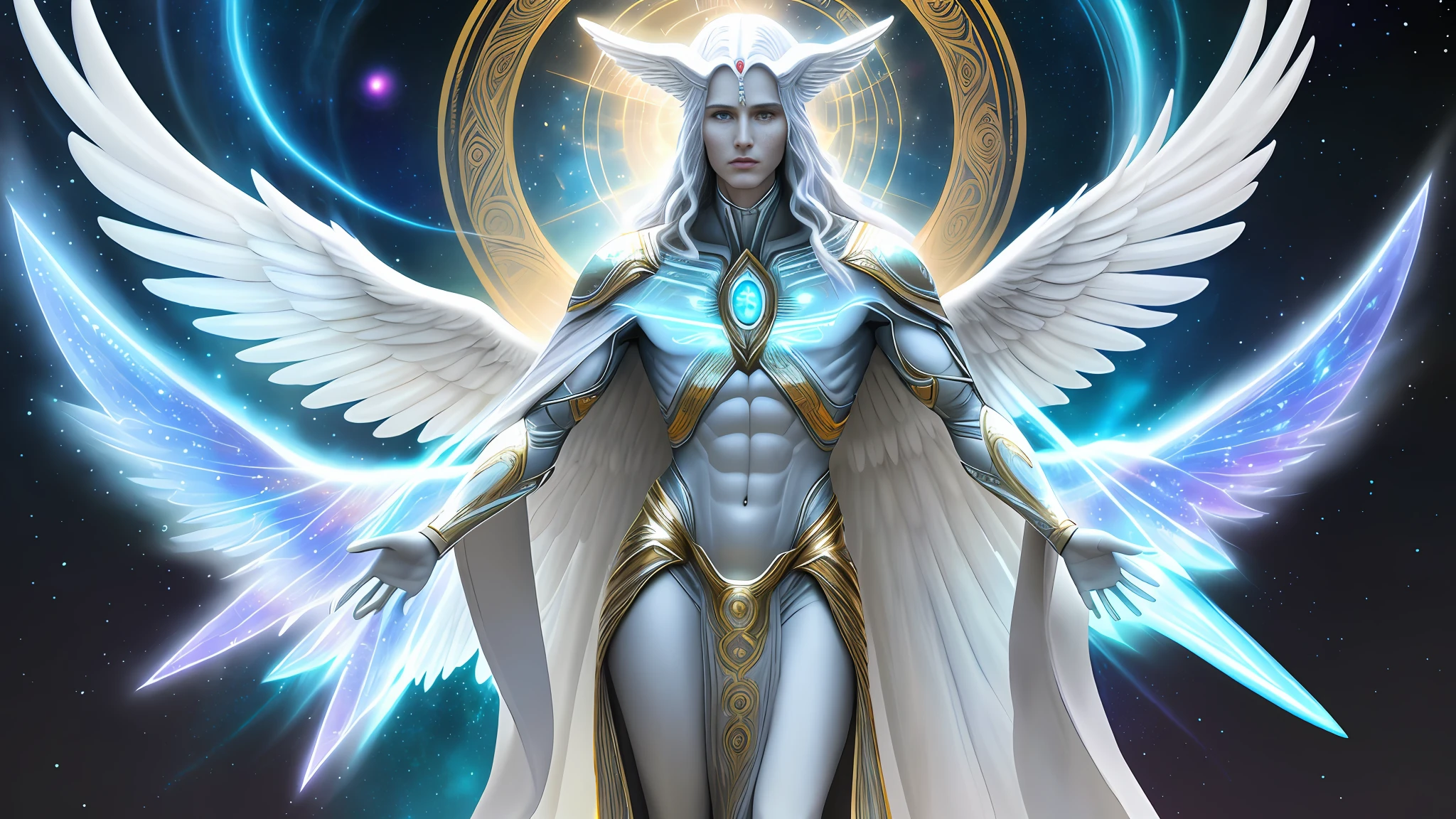 Alien appearance humans, angelic, selestial, full body, beautiful, spiritual being, benevolent, with an aura on the head, sorindo, with radiant energy, archangel miguel style, galactic confederation, high quality, ultra-realistic, professional photography, human,