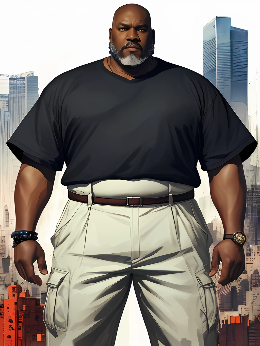 A stylized watercolor digital illustration, ordinary, fashion, middle-aged tanned overweight African-American man, age 60, big man, top angle shot, very thiny white hair, almost bald, white bearded, a big metropolis as the background, cinematic light, red shirt, cargo shorts, Art by Carne Griffiths and Wadim Kashin, Yoji Shinkawa, Peter Draws, heavenly handsome face, detailed eyes, big greek nose, perfect anatomy, natural hand poses, natural legs poses, approaching perfection, dynamic poses, luminism, highly detailed, sharp focus, full body shot, 8k UHD, masterpiece, ultra fine detail.