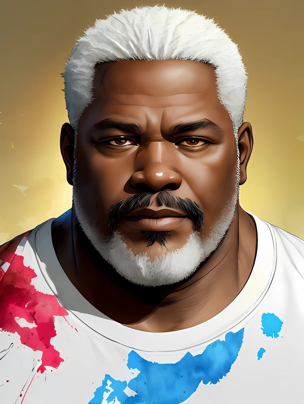 A stylized watercolor digital illustration, ordinary, fashion, middle-aged tanned overweight African-American man, age 60, big man, top angle shot, very thiny white hair, almost bald, white bearded, a big metropolis as the background, cinematic light, red shirt, cargo shorts, Art by Carne Griffiths and Wadim Kashin, Yoji Shinkawa, Peter Draws, heavenly handsome face, detailed eyes, big greek nose, perfect anatomy, natural hand poses, natural legs poses, approaching perfection, dynamic poses, luminism, highly detailed, sharp focus, full body shot, 8k UHD, masterpiece, ultra fine detail.