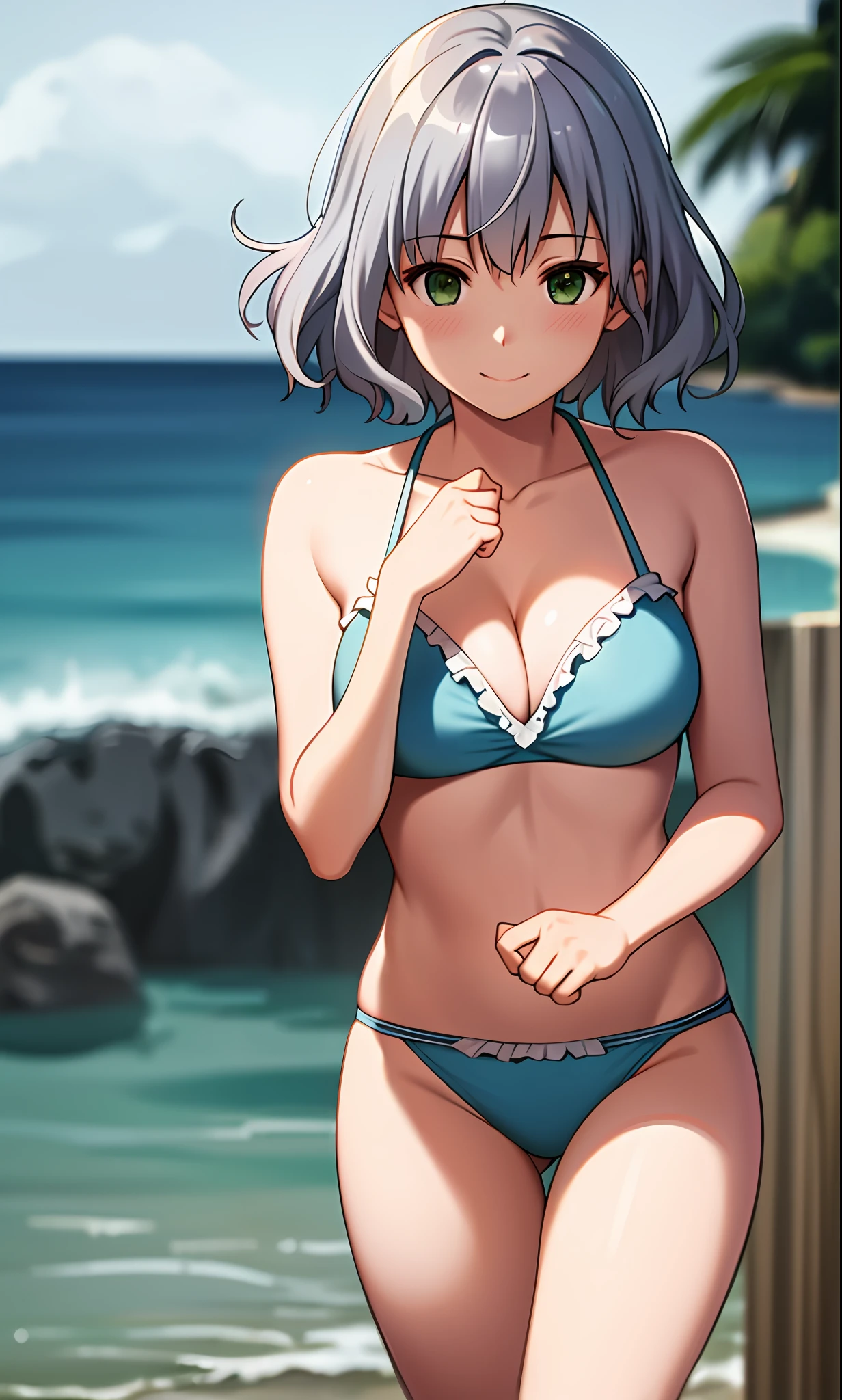 top quality, (masterpiece: 1.2), very detailed, sea, sun, light, splash,
1 girl, solo, muse, smile, look viewer, gray hair, circle of angels, short hair, green eyes, light in the eyes, white bikini, ruffled bikini, realistic, from the knee up, wind, flower, glowing skin, ultra-realistic, realistic, portrait, blur,