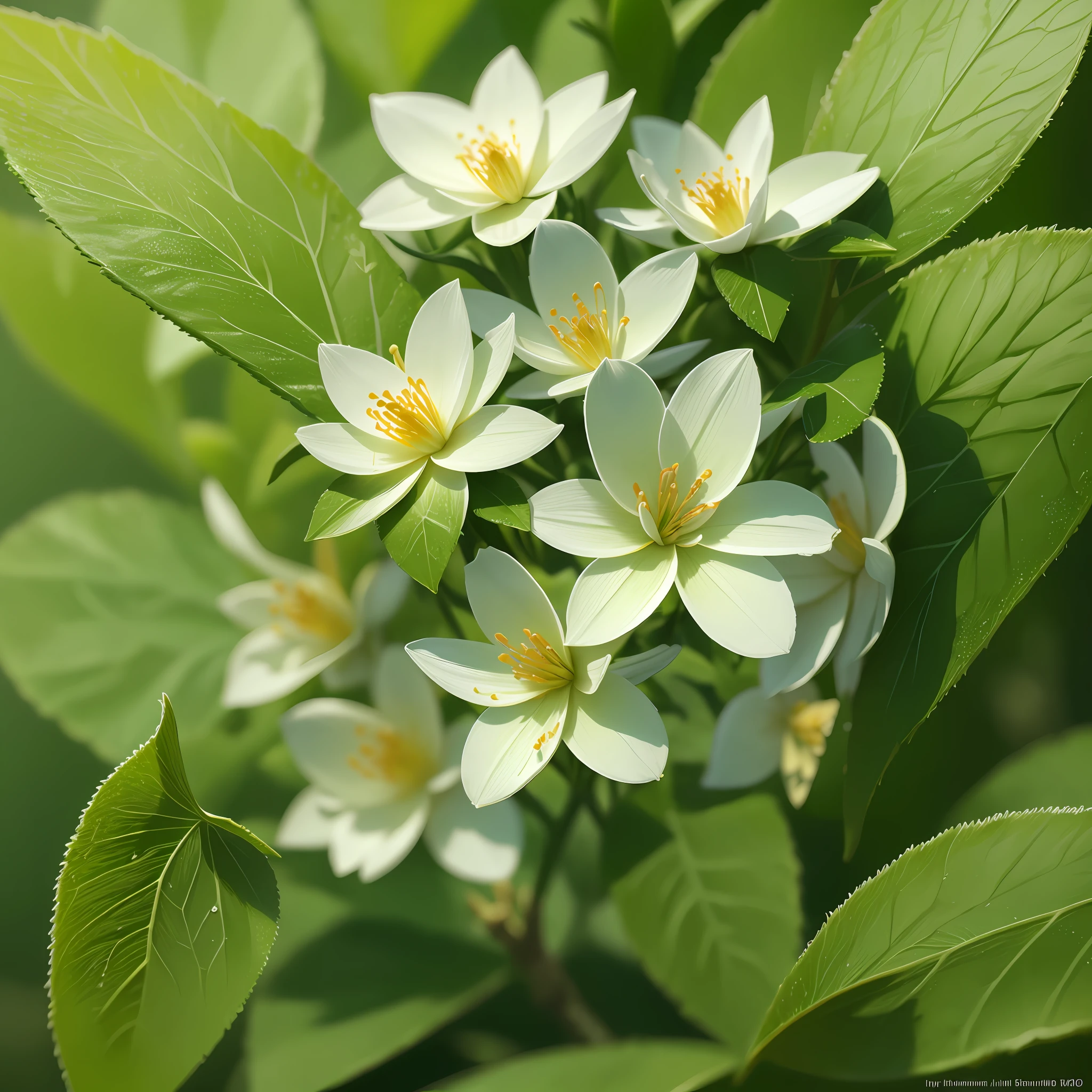 jasmine flower on a green bush, HD detail, wet watermarks, hyper-detail, cinematic, surrealism, soft light, deep field focus bokeh, ray tracing, and surrealism. --v6