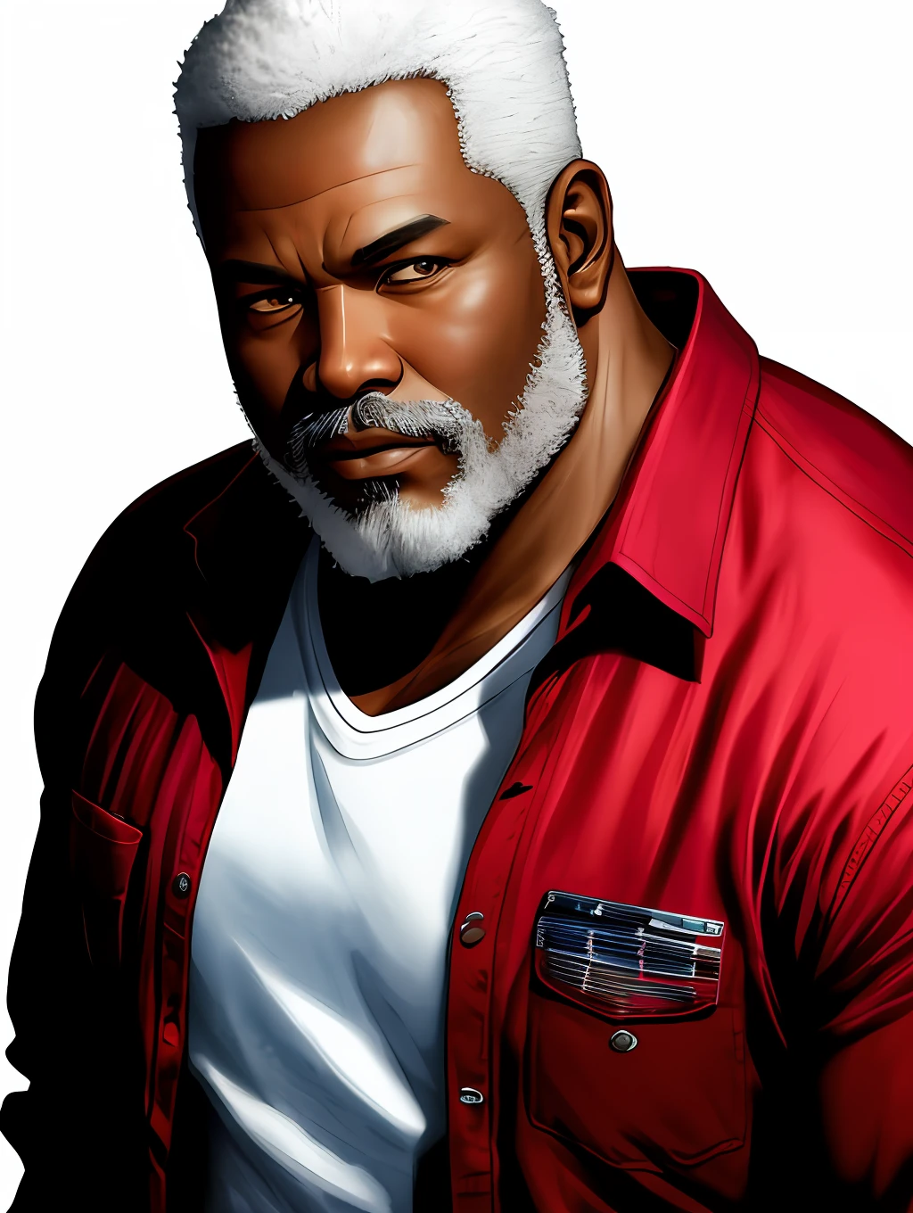 A stylized watercolor digital illustration, ordinary, fashion, middle-aged tanned overweight African-American man, age 60, big man, top angle shot, very thiny white hair, almost bald, white bearded, a big metropolis as the background, cinematic light, red shirt, cargo shorts, Art by Carne Griffiths and Wadim Kashin, Yoji Shinkawa, Peter Draws, heavenly handsome face, detailed eyes, big greek nose, perfect anatomy, natural hand poses, natural legs poses, approaching perfection, dynamic poses, luminism, highly detailed, sharp focus, full body shot, 8k UHD, masterpiece, ultra fine detail.