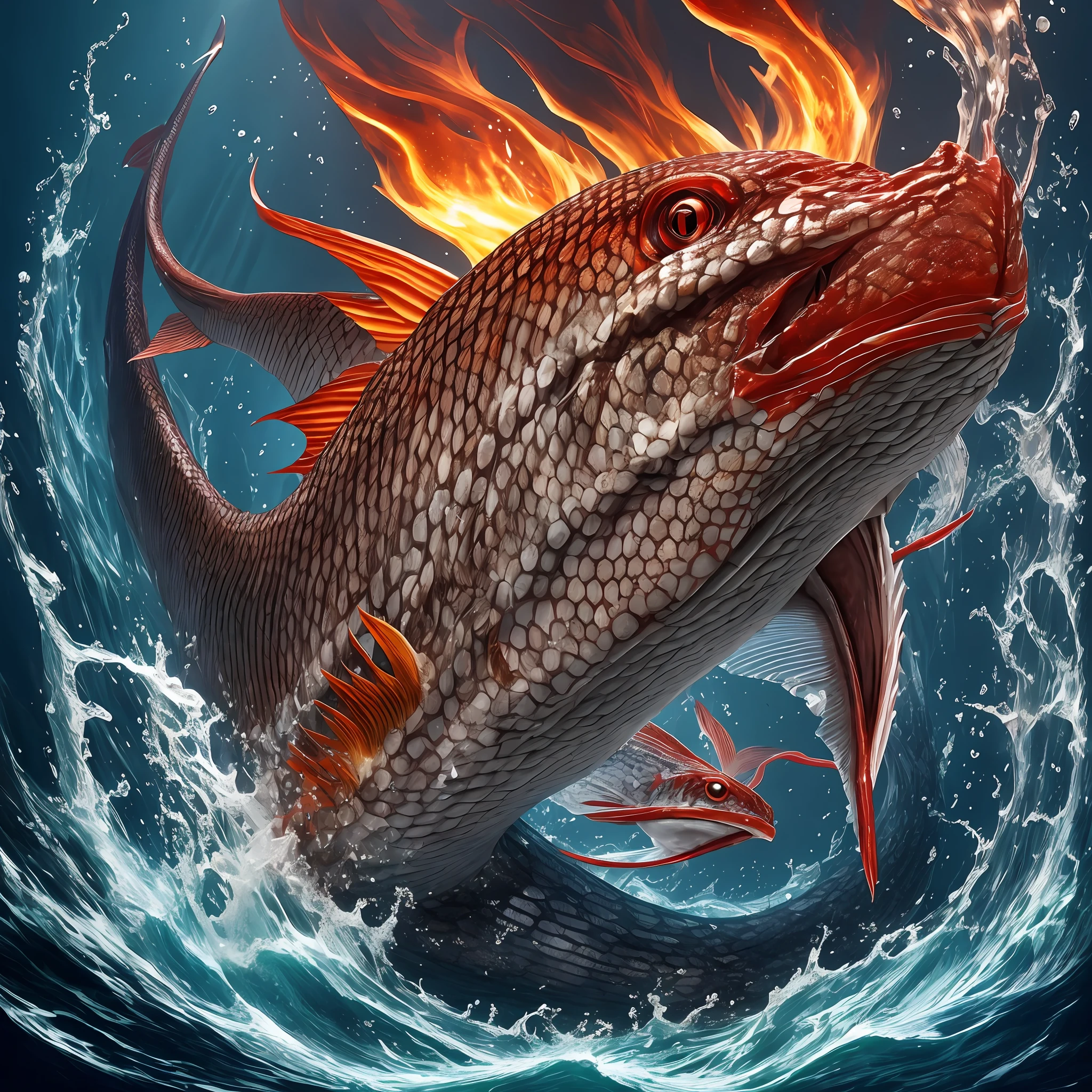 Snake fish with fire belly, piranha teeth, red eyes, in the dark sea, scary, horns --auto --s2