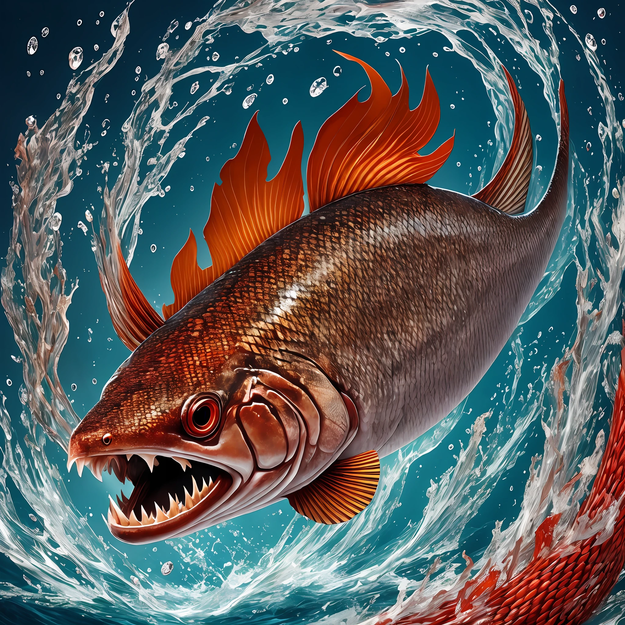 Snake fish with fire belly, piranha teeth, red eyes, in the dark sea, scary, horns --auto --s2