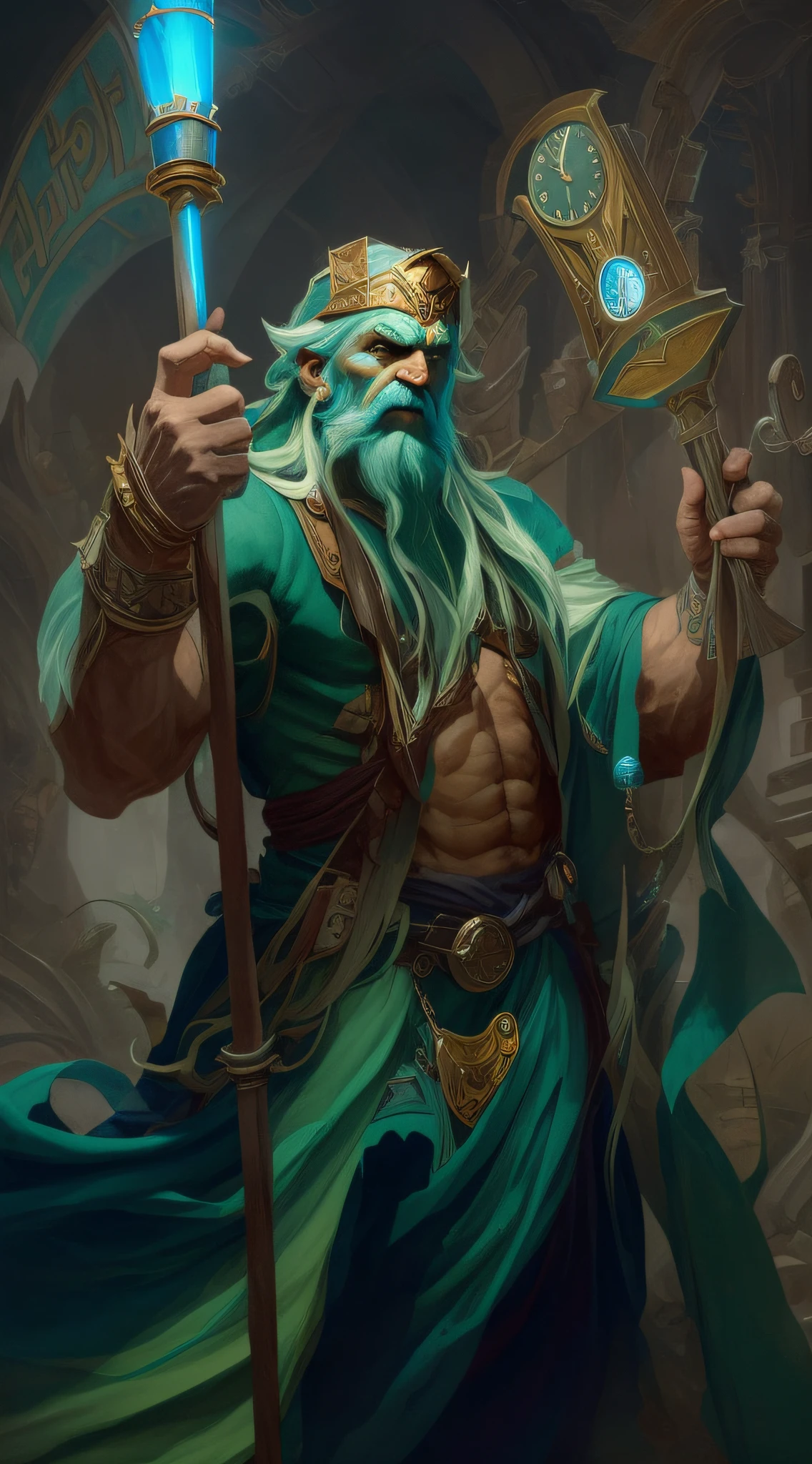 Arafed male with a green hair and a blue cape holding a watch, painted portrait of Rugged Zeus, Tyler Edlin fantasy art, portrait of male god Svarog, Mohrbacher, Norse god, fantasy card game art, artgerm and Grek Rutkowski, artgerm Greg Rutkowski _ Greg, Giant Titan, Attack position