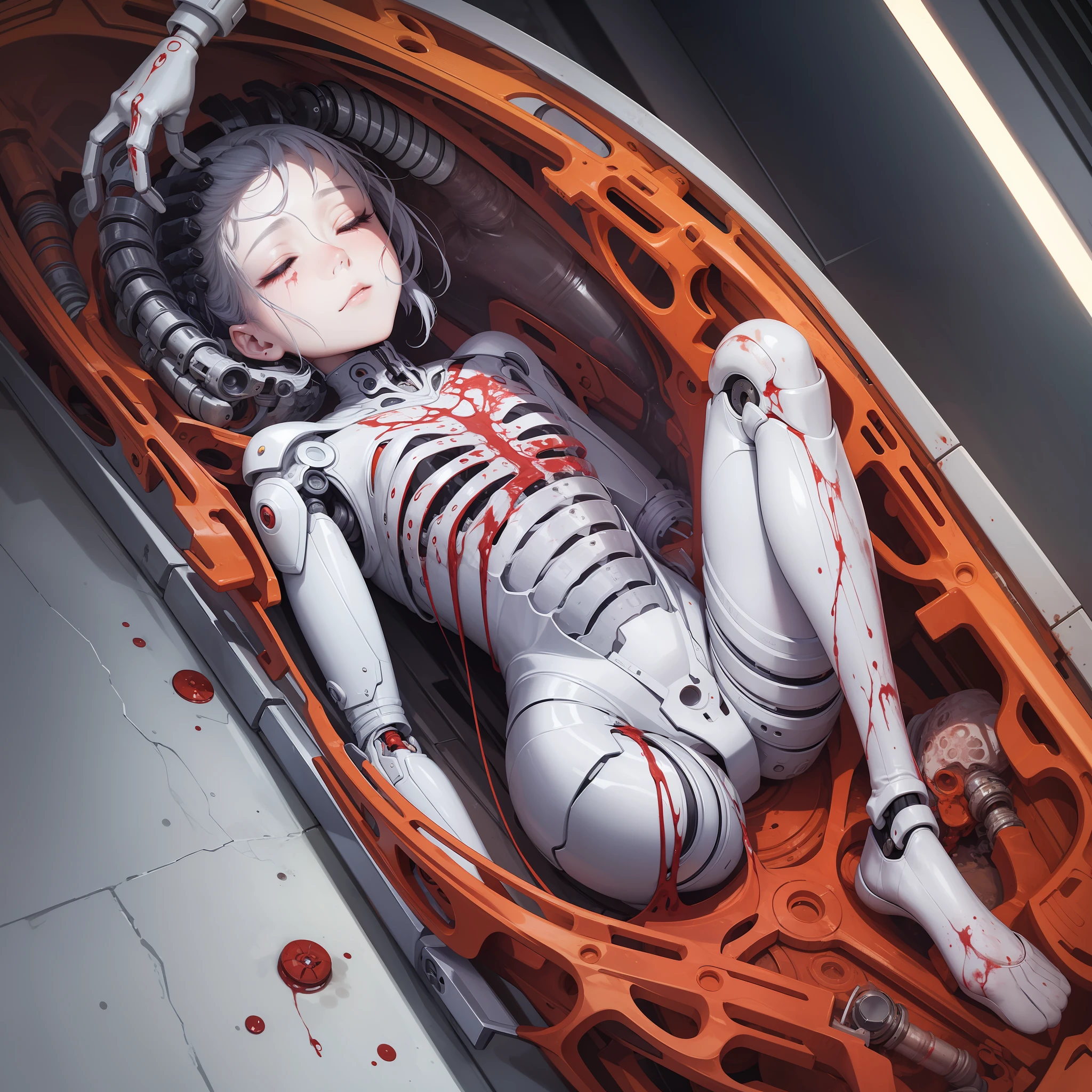 Girl with Eyes Closed,Extremely Detailed, Colorful, More Detailed,Solo,Full Body,Machine Joint,Mechanical Limbs,Blood Vessels Connected to Tubes,Mechanical Vertebra Attached to Back,Mechanical Cervial Attached to Neck,Lying Down,No Expression,Character Focus,Science Fiction, White Background, (Blood: 1,5)