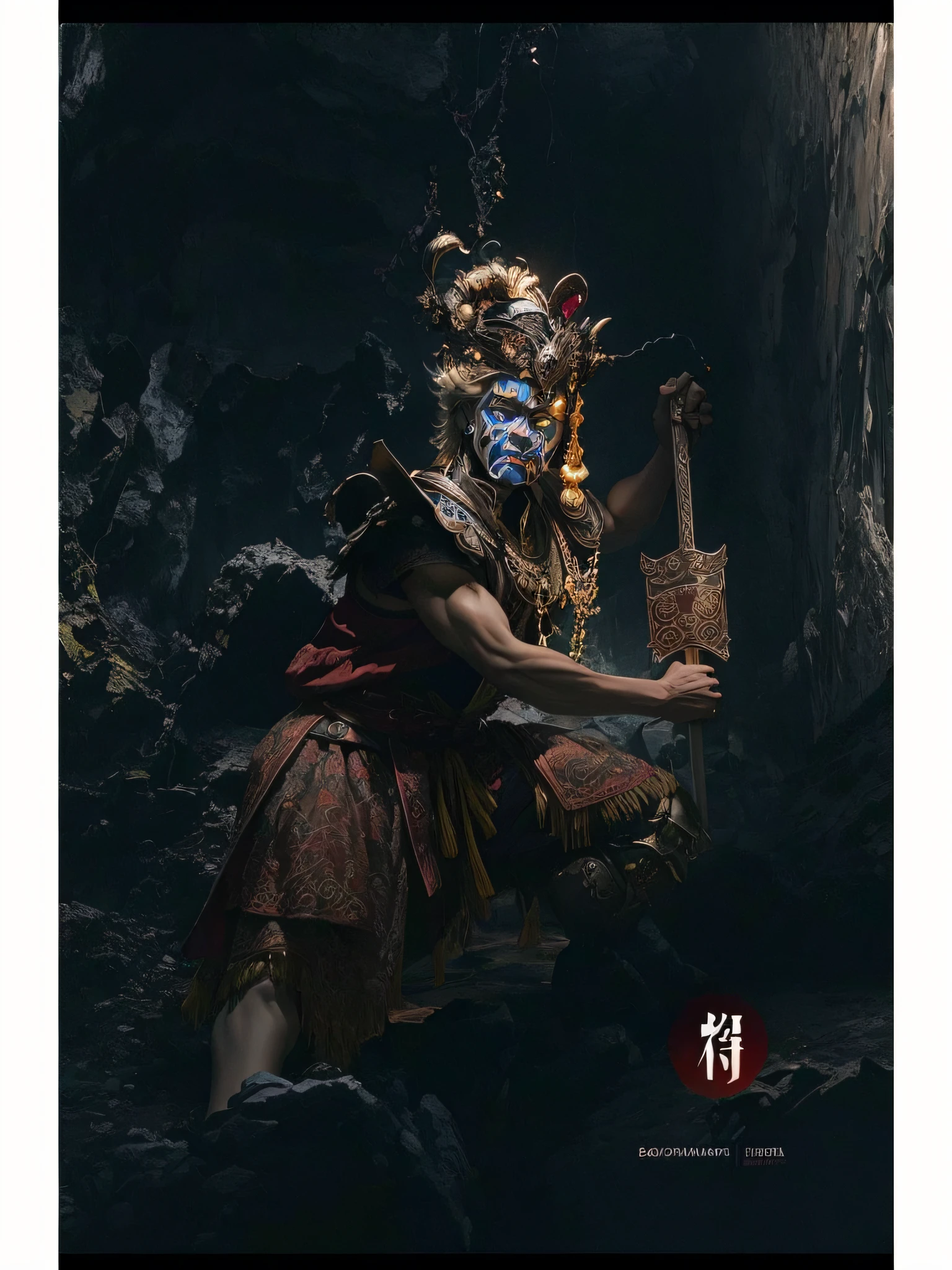 A man, the protector of the Bodhisattva, in a dark hell, slaying demons, with a blue face painted on his face, wearing a opera helmet, wearing a traditional opera costume, holding a tiger card, (masterpieces: 1, 2), five fingers, five toes, wearing straw shoes, the best quality, masterpiece, hired, original, extremely detailed wallpaper, perfect lighting, (very detailed CG: 1.2), remove the watermark in the lower right corner, --auto --s2
