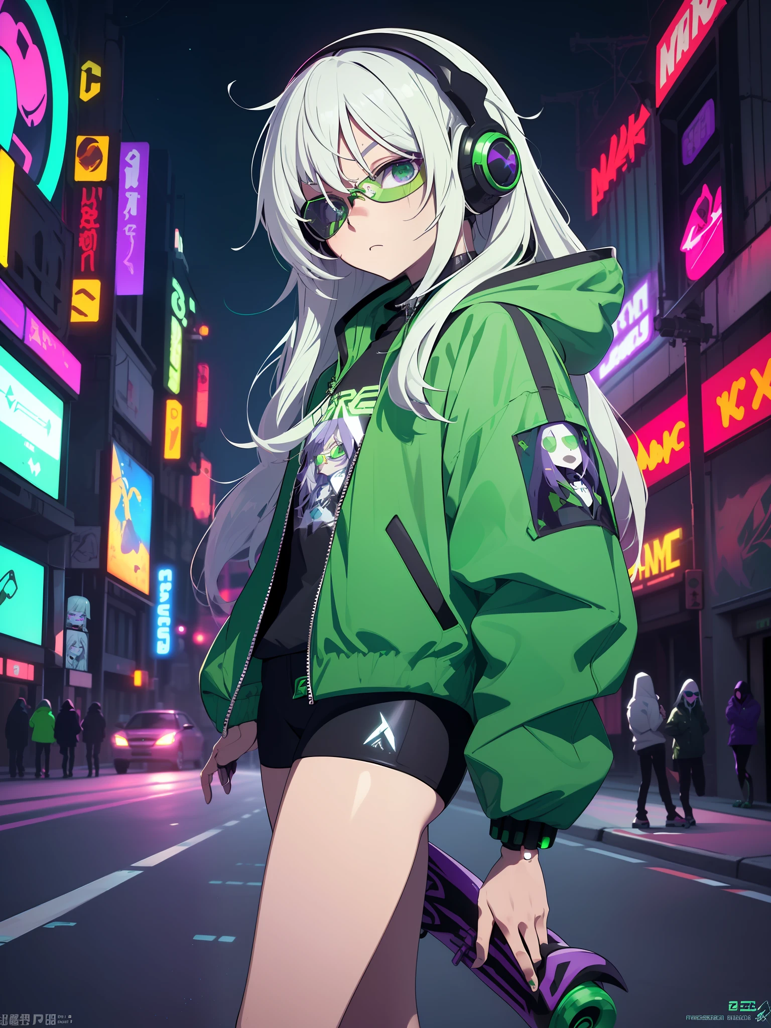 sunglasses,, ((masterpiece)), ((best quality)), ((cyborg)), ((Mechanical Surfboard)), ((Mechanical Surfboard)), ((green body)), (from below), ((hooded green jacket)), (hands in pocket), (doll joints), ((from side)), (looking at viewer), (expressionless), ((long white hair)), (highways background), ((night)), (shiny), ((purple neon light)), (headphone), ((skating)), ((robot girl))