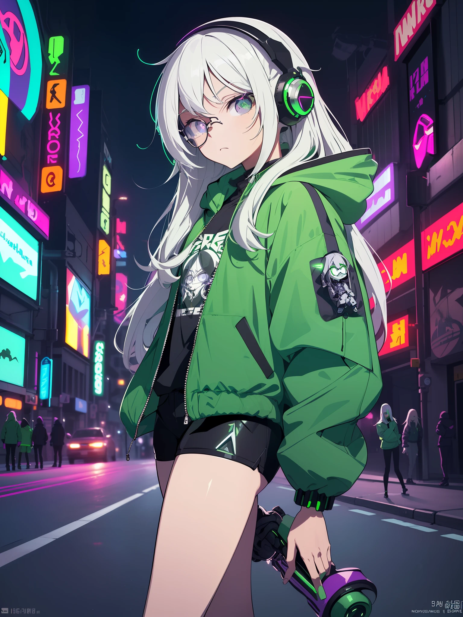 sunglasses,， ((masterpiece)), ((best quality)), ((cyborg)), ((Mechanical Surfboard)), ((Mechanical Surfboard)), ((green body)), (from below), ((hooded green jacket)), (hands in pocket), (doll joints), ((from side)), (looking at viewer), (expressionless), ((long white hair)), (highways background), ((night)), (shiny), ((purple neon light)), (headphone), ((skating)), ((robot girl))