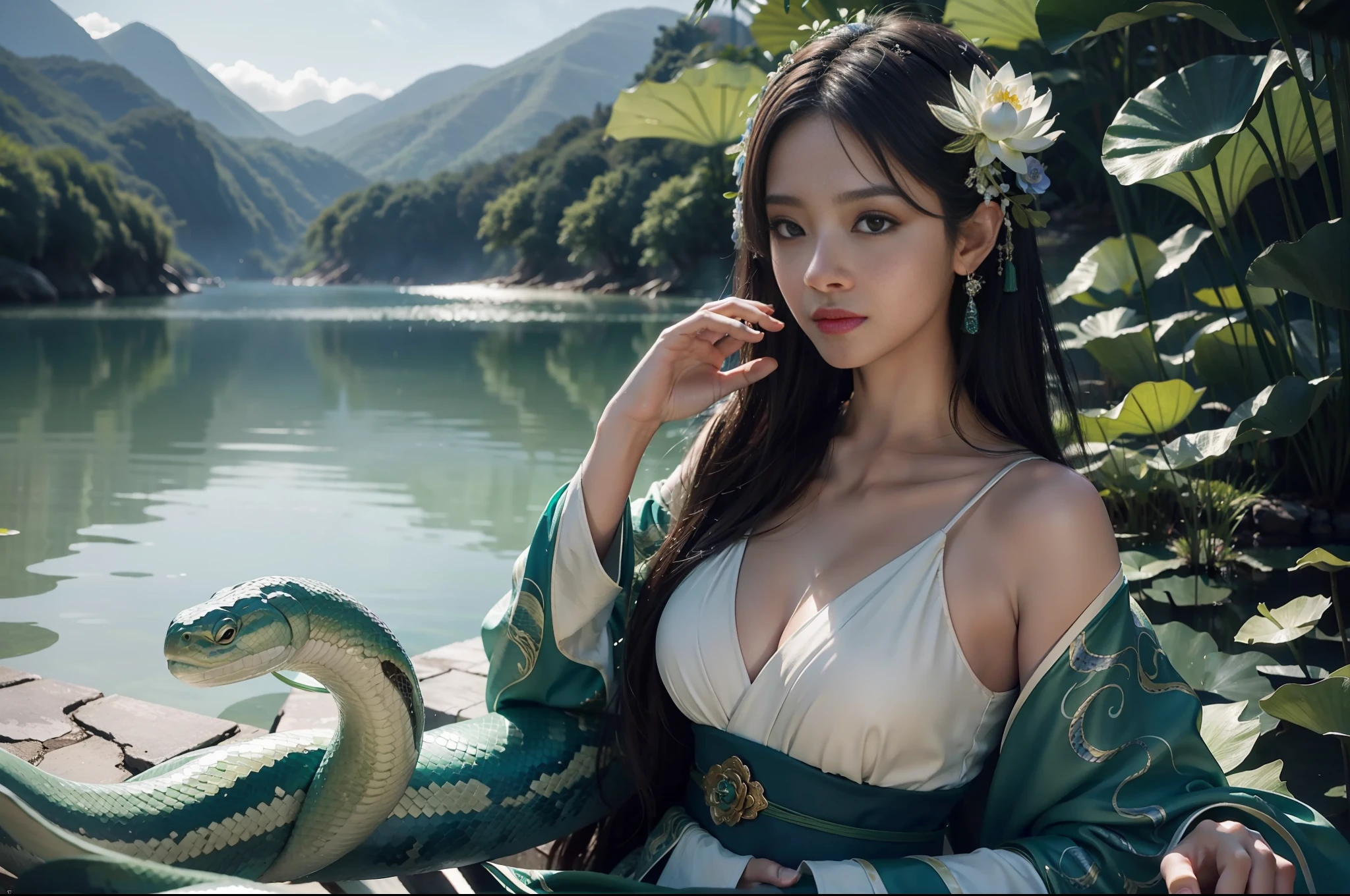 Beauty snake digitally painted beauty, highly detailed film water and ocean palette, wearing a dark green Hanfu long dress of the Song Dynasty, holding a huge green snake in one hand, swimming in West Lake, white huge lotus, delicate facial details, spotlights, perfect composition, surreal, hyper-detailed, 8k, high quality, clear focus, intricate details, highly detailed, dynamic lighting, detailed and complex environments,