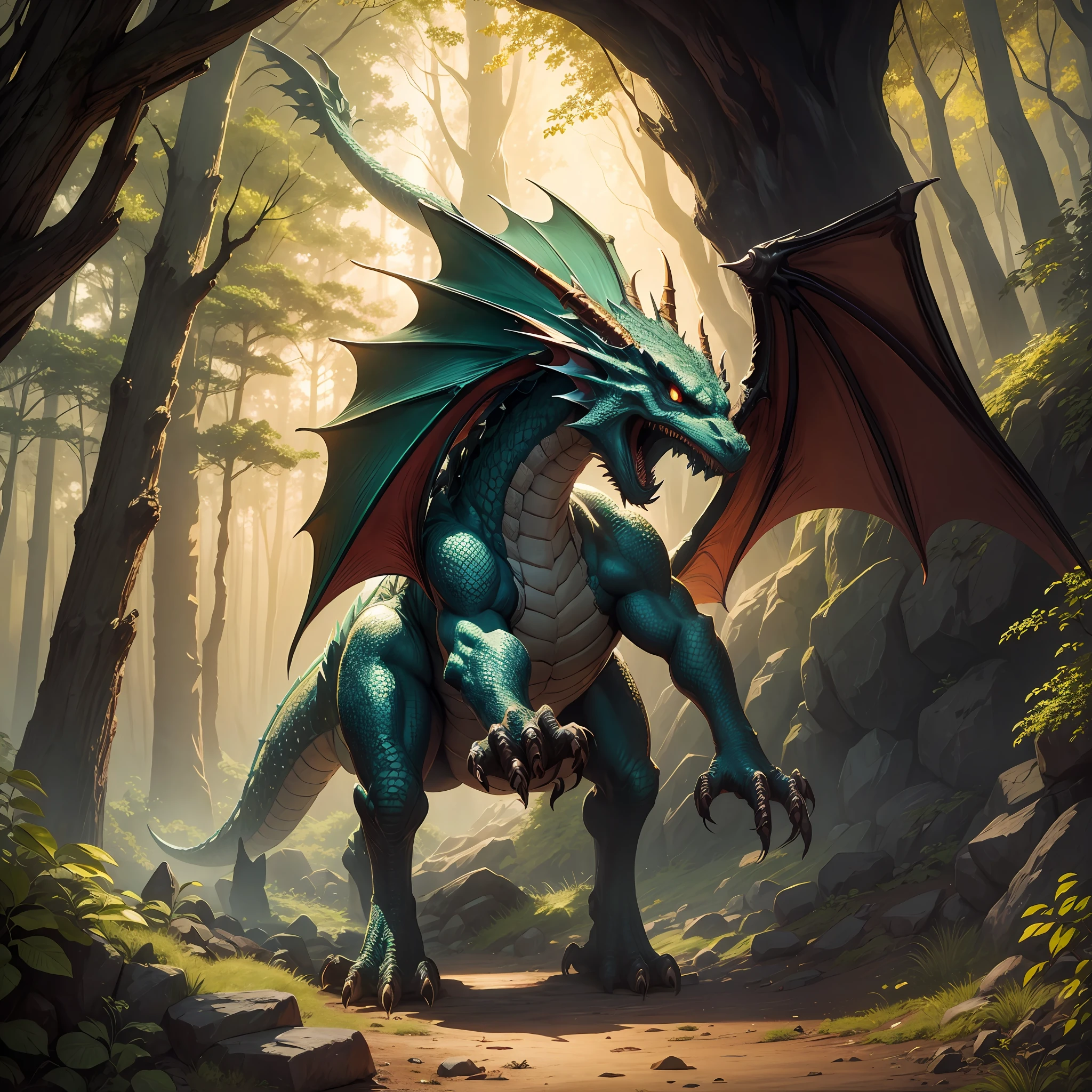 Dragon emerging from cave. Cave, forest, woods, twilight, golden hour, --auto --s2