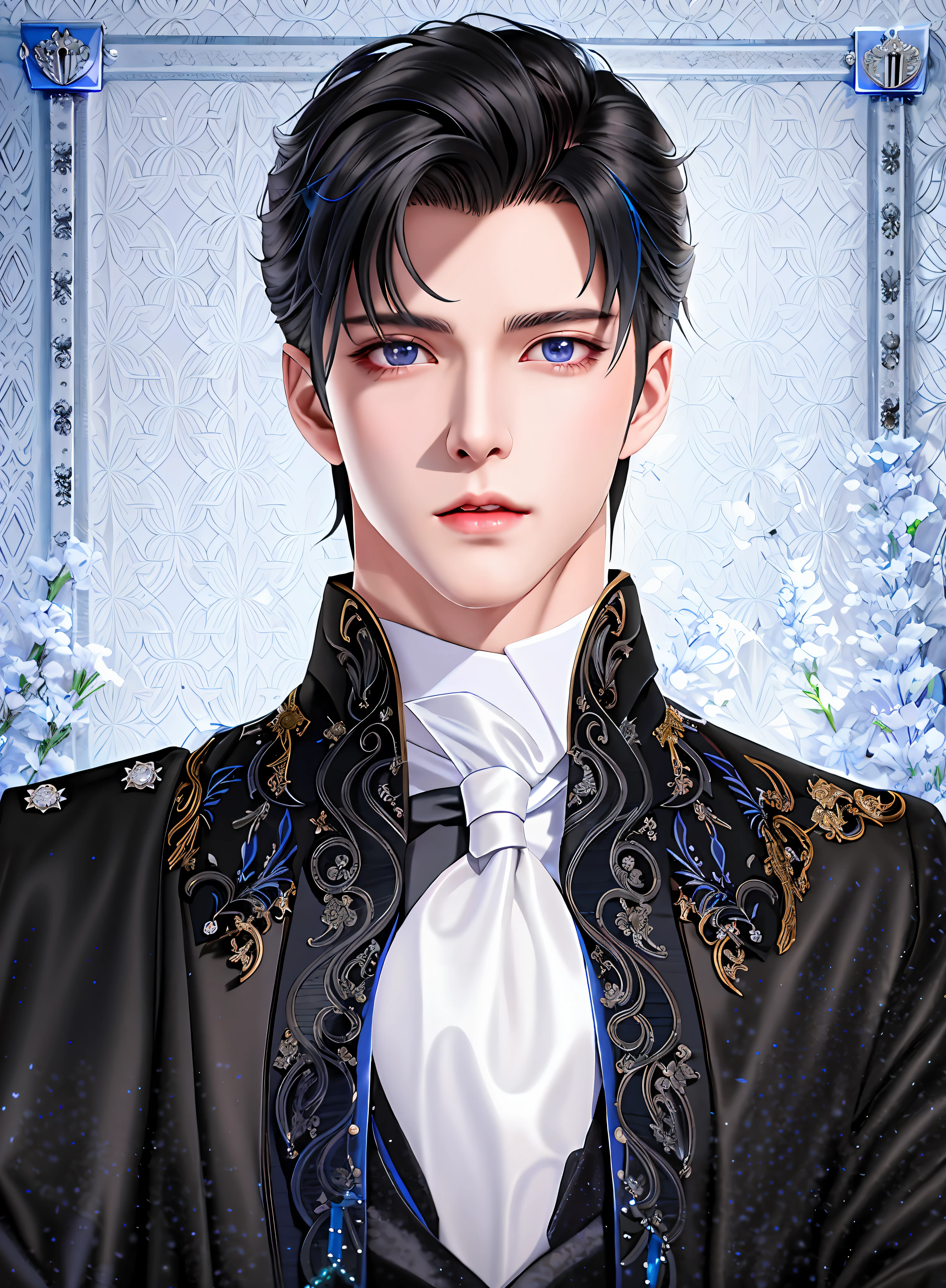 there is a man in a black jacket and white tie, beautiful androgynous prince, delicate androgynous prince, handsome prince, handsome male vampire, renaissance prince, anime handsome man, edward, wearing a black noble suit, tall anime guy with blue eyes, anime portrait of a handsome man, handsome guy in demon slayer art, inspired by Tomioka Tessai