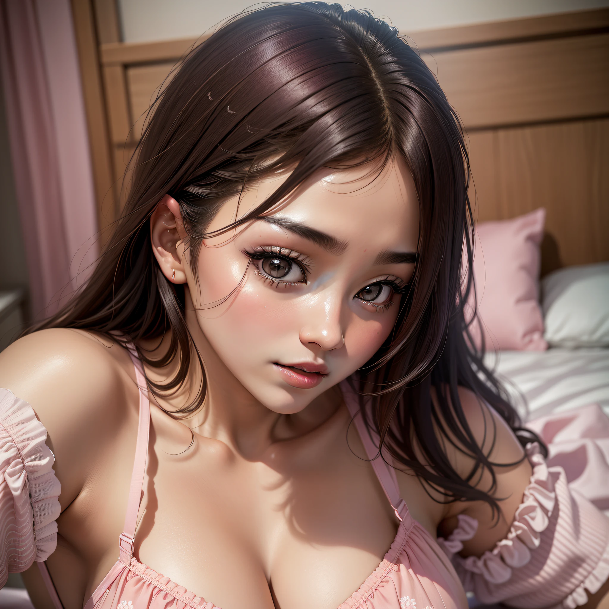 a close up of a woman laying in bed with a pink bra, japanese model, young sensual gravure idol, young pretty gravure idol, realistic young gravure idol, realistic sensual gravure idol, young gravure idol, sophisticated gravure idol, 奈良美智, young skinny gravure idol, beautiful asian girl, oppai