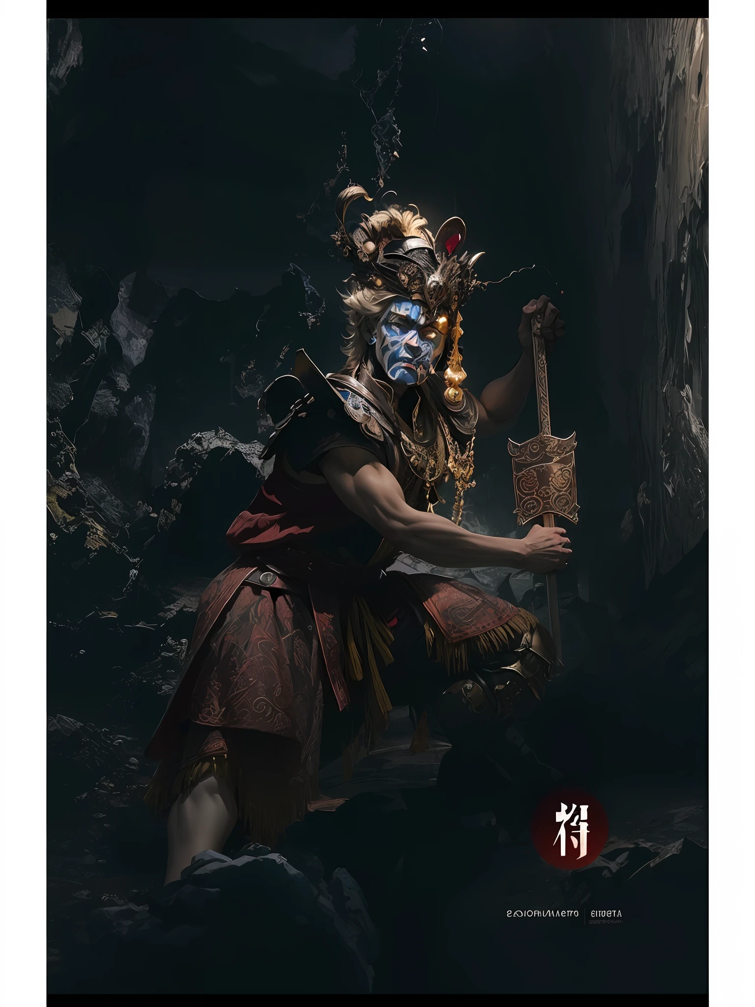 A man, the protector of the Bodhisattva, in a dark hell, slaying demons, with a blue face painted on his face, wearing a opera helmet, wearing a traditional opera costume, holding a tiger card, (masterpieces: 1, 2), five fingers, five toes, wearing straw shoes, the best quality, masterpiece, hired, original, extremely detailed wallpaper, perfect lighting, (very detailed CG: 1.2), remove the watermark in the lower right corner, --auto --s2