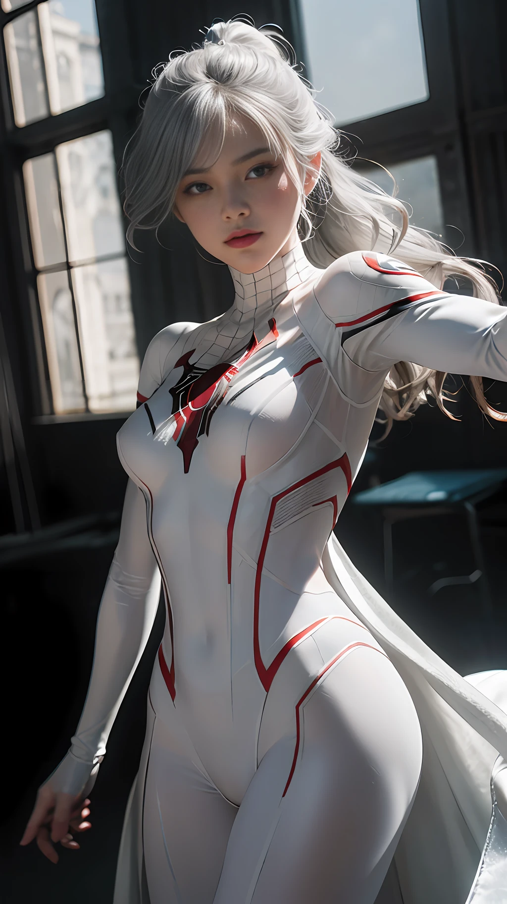 (Extreme Detail CG Unity 8K wallpaper, masterpiece, highest quality), (exquisite lighting and shadow, highly dramatic picture, cinematic lens effect), a girl in a white Spider-Man costume, silver gray hair color, from parallel universes, Marvel, Spider-Man, standing in an empty dance studio, dynamic pose), (excellent detail, outstanding lighting, wide angles), (excellent rendering, enough to stand out in its class), with a focus on the white Spider-Man costume
