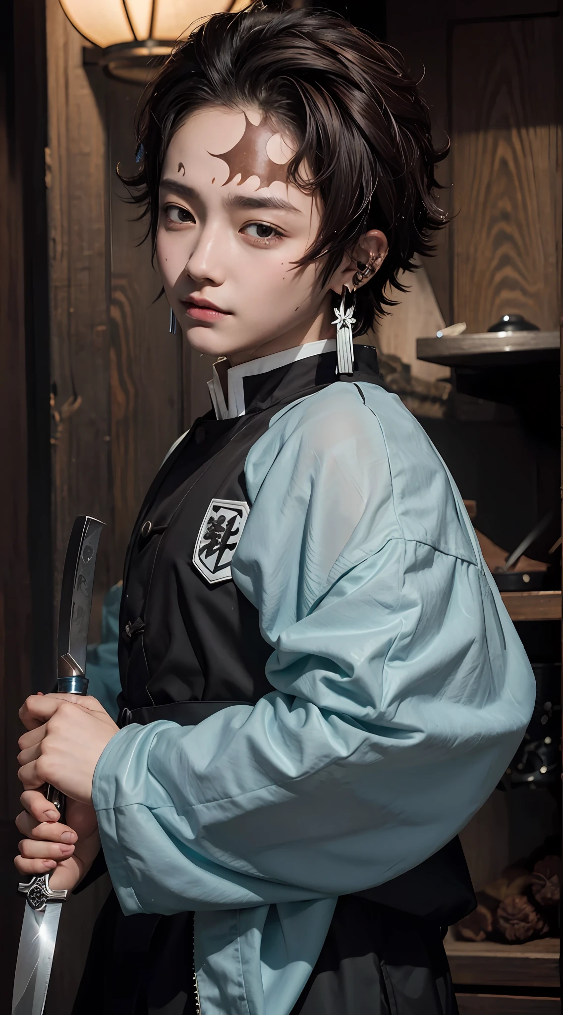 1 Boy , Ghost Slayer Team Suit, Kamado Tanjirou, Demon Slayer, Brown hair, scar on forehead, sun earrings, hand holding a knife, (long knife), Rain Feng, perfect hilt, perfect hand,