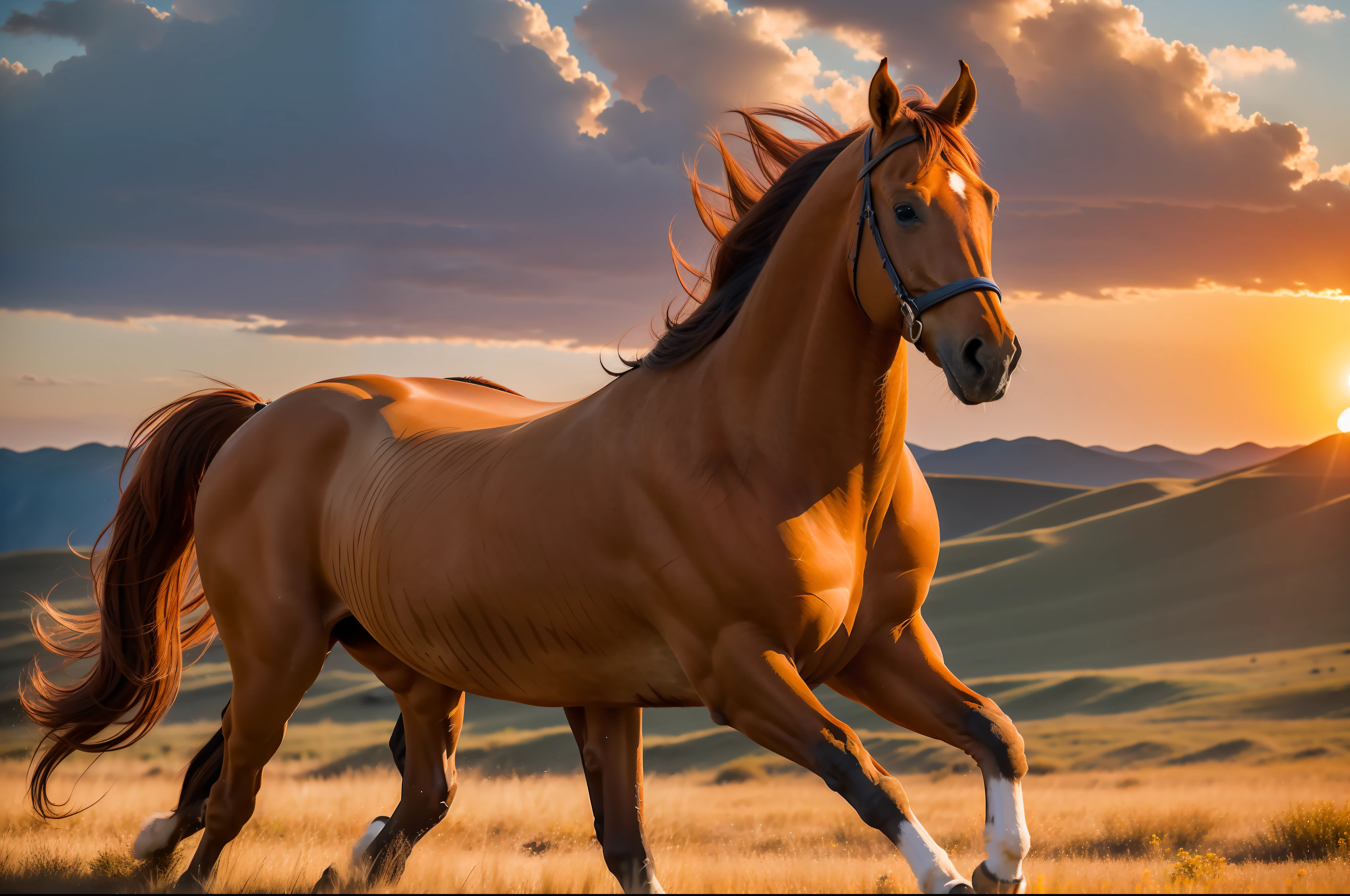A brown-red horse galloped across the steppe in the setting sun, full limbs, long mane,