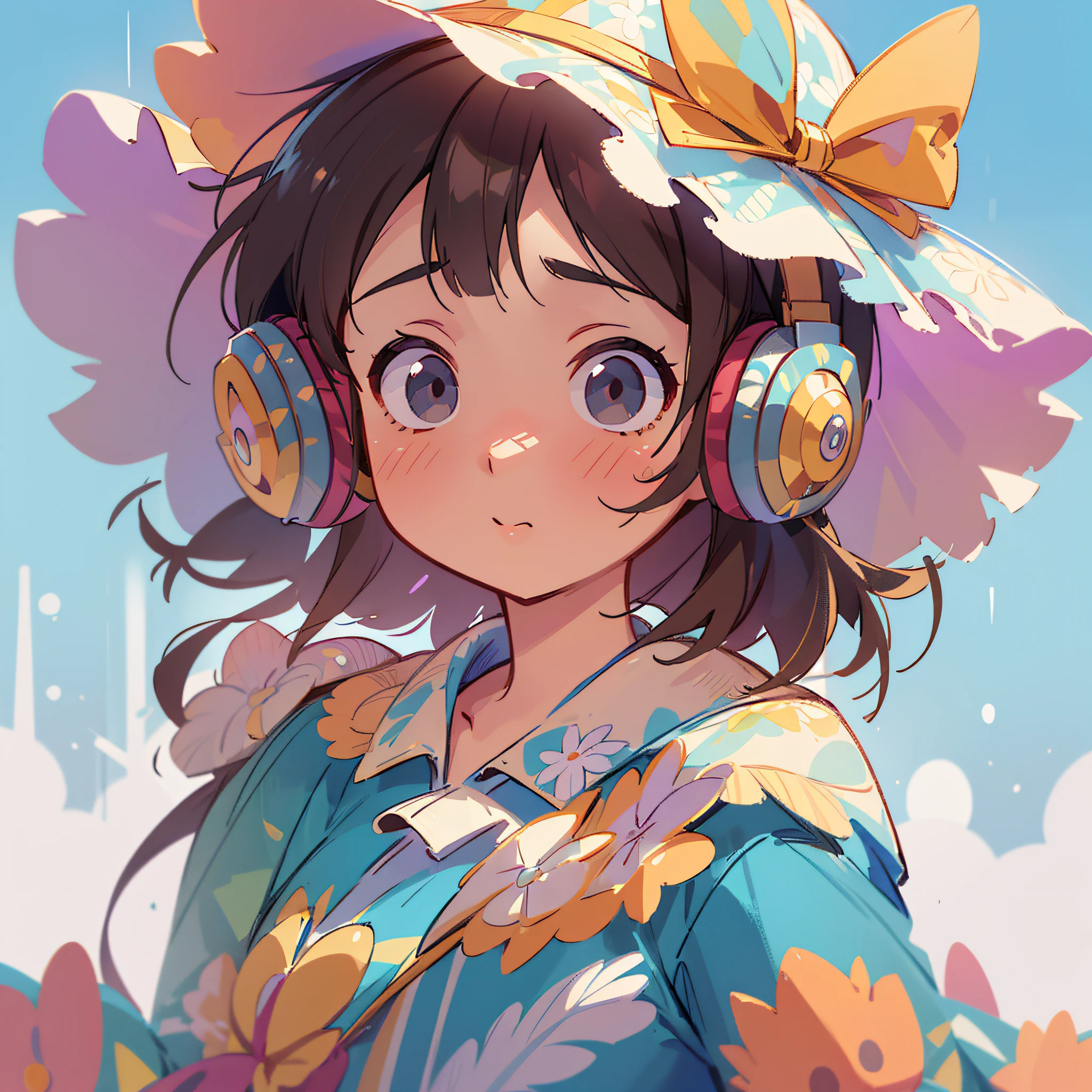High Detail, Ultra Detail, Facial Detail, Finger Detail, Super Delicate Facial Features, Very Detailed Facial Features, HD Illustration in 4K Resolution, Close-up, Upper Body, Super Cute Girl, Wearing Floral Dress, Hat, Headphones, Big Watery Eyes, Full Body, Looking at the Audience, Open Hands, MD Suit, Clothes Wrinkles, Clean Background, Dreamy, Exciting, Super Cute Girl IP by pop mart, High Detail, High Quality, Bright Color, Model Blind Box Toys, Disney Style, Fine Gloss, 3D Rendering, OC Rendering, Best Quality, Bright, Front Light, Face Shot, Fine Gloss, Ultra Destained, 8K, --v6